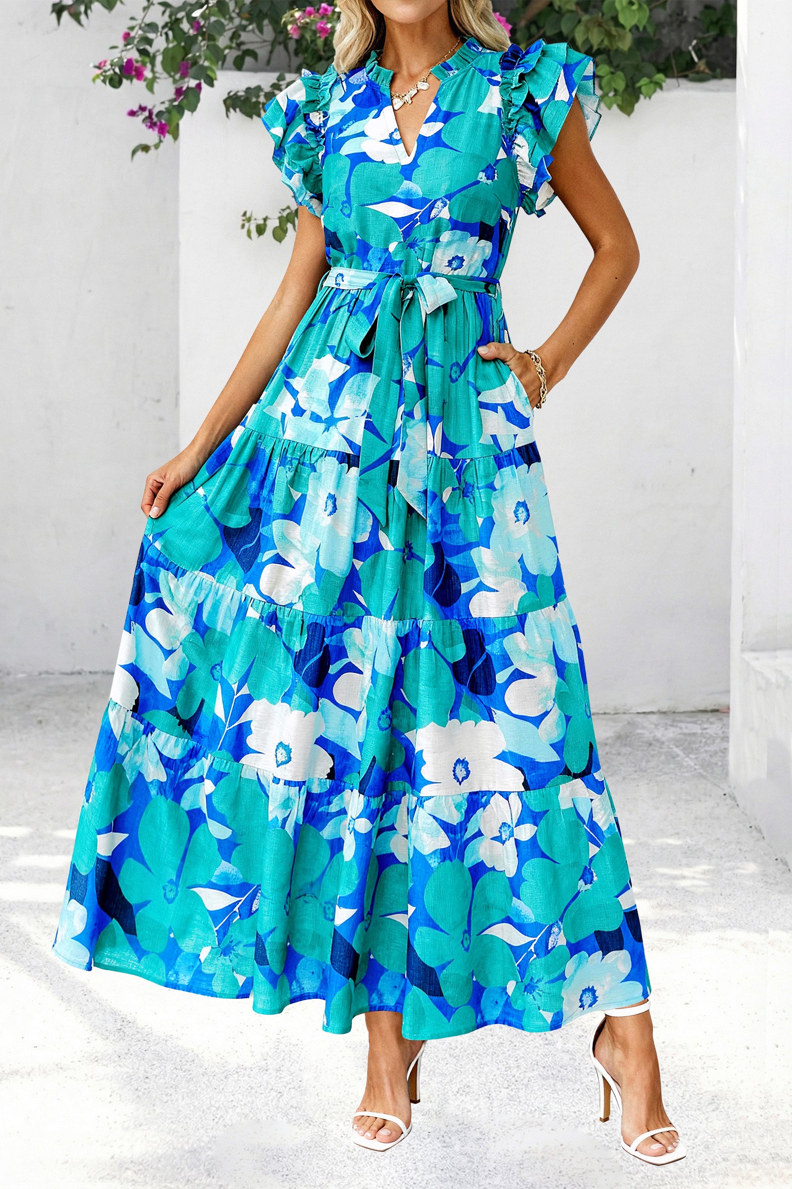 dowerme Women Summer Maxi Dresses 2026 Ruffle Sleeve V Neck Floral Boho Long Dress Belted Tiered Sundress With Pockets