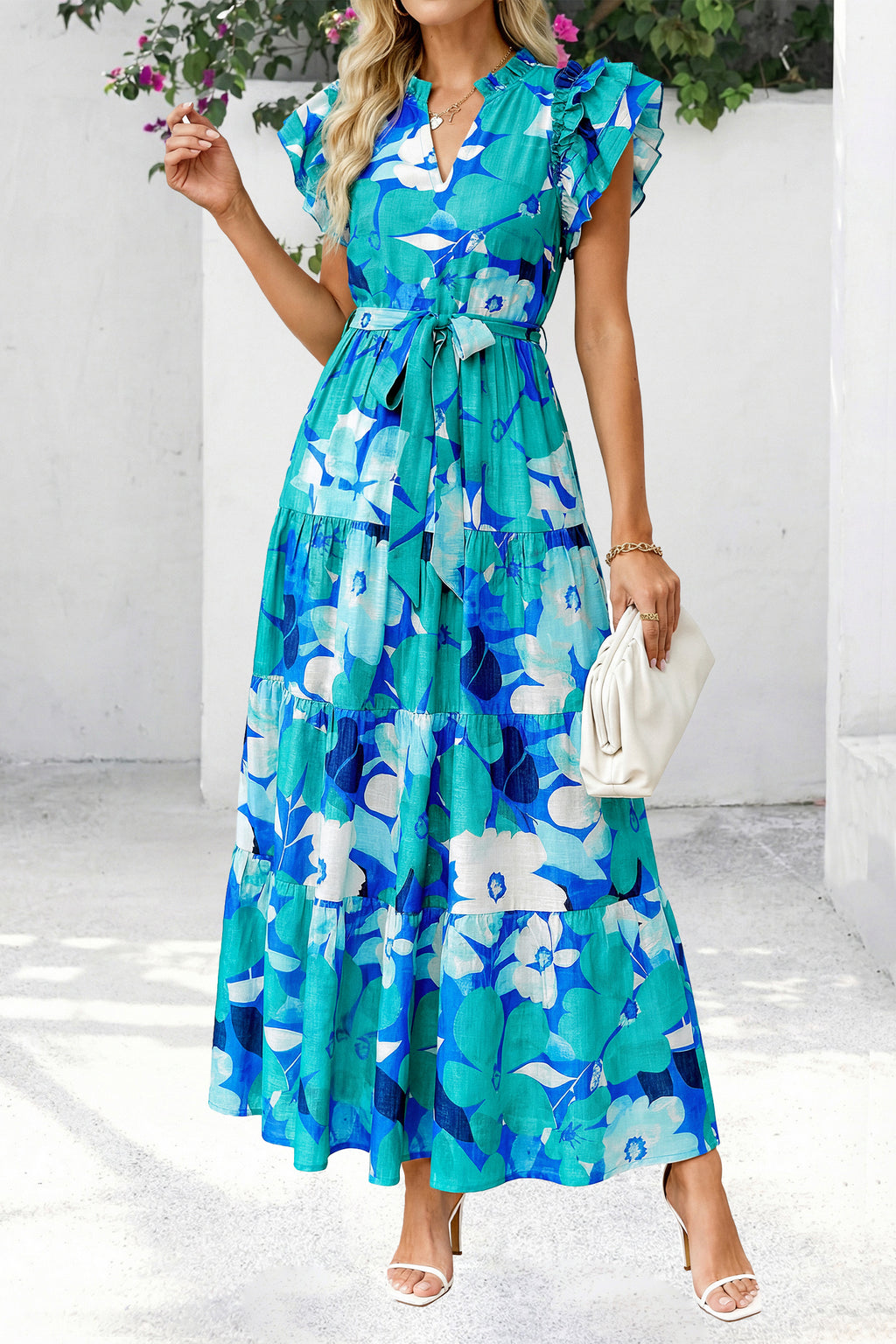 dowerme Women Summer Maxi Dresses 2026 Ruffle Sleeve V Neck Floral Boho Long Dress Belted Tiered Sundress With Pockets