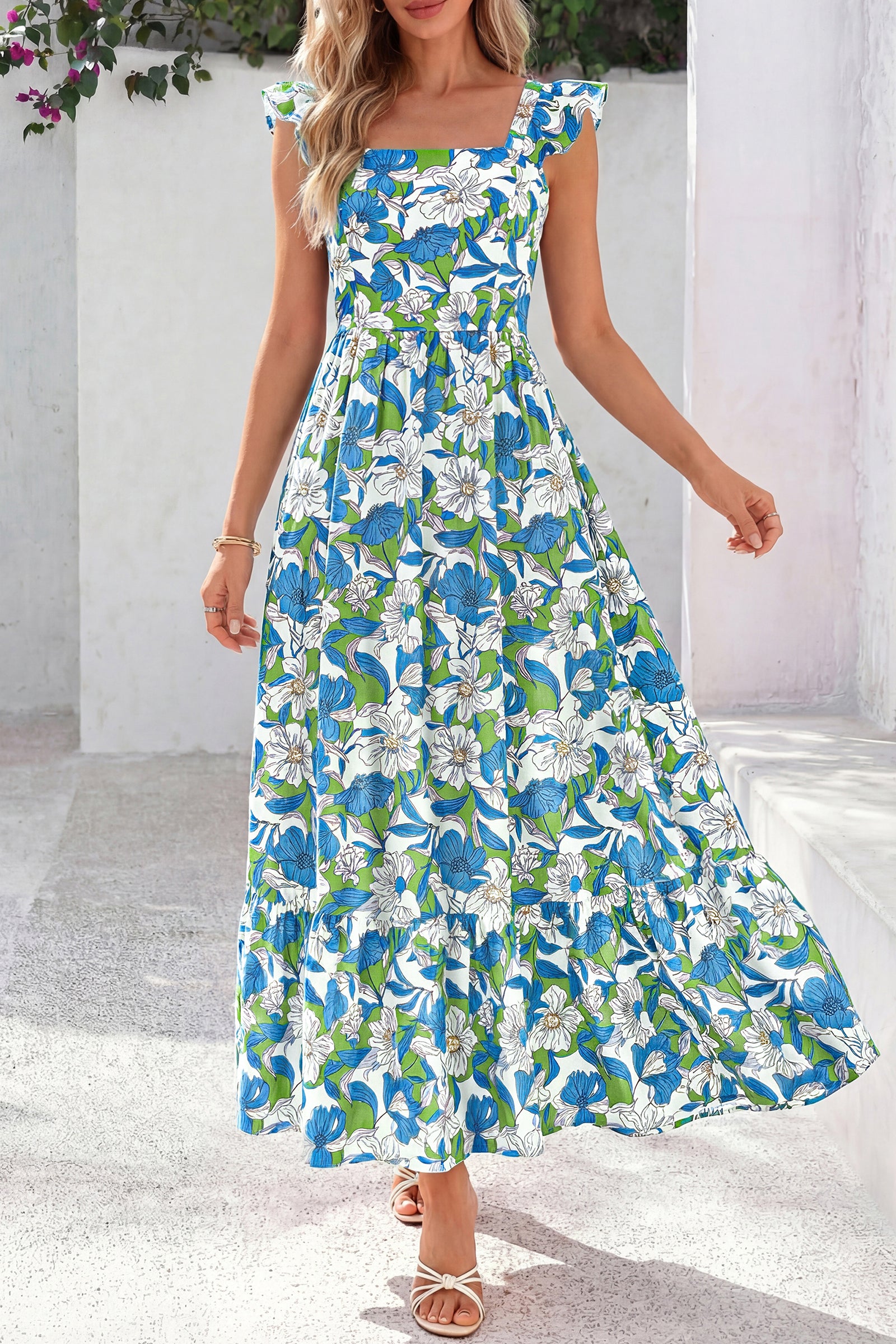 dowerme Womens Summer Dresses 2026 Ruffle Sleeve Square Neck Floral Boho Midi Dress Spring Smocked Beach Party Sundress