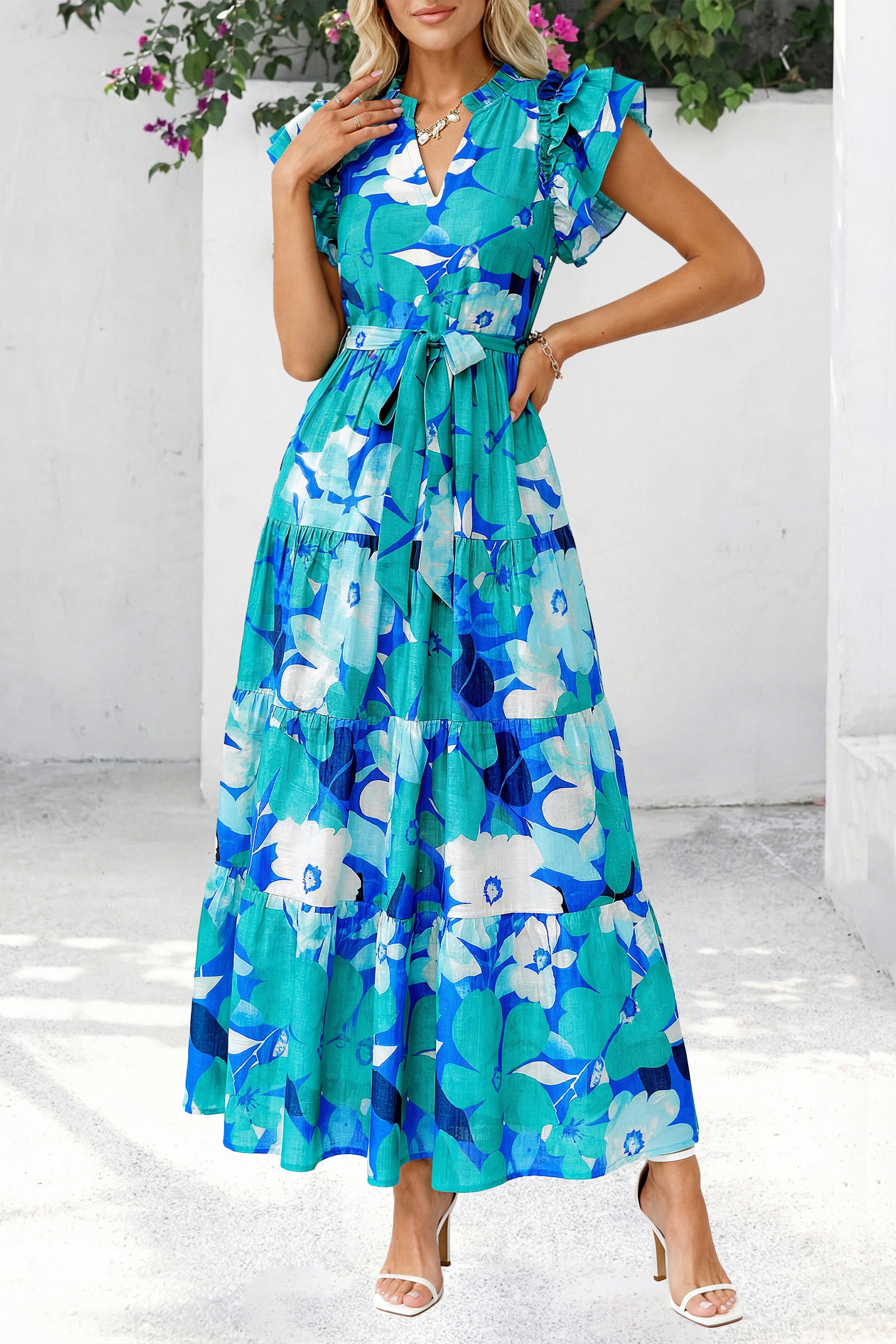 dowerme Women Summer Maxi Dresses 2026 Ruffle Sleeve V Neck Floral Boho Long Dress Belted Tiered Sundress With Pockets
