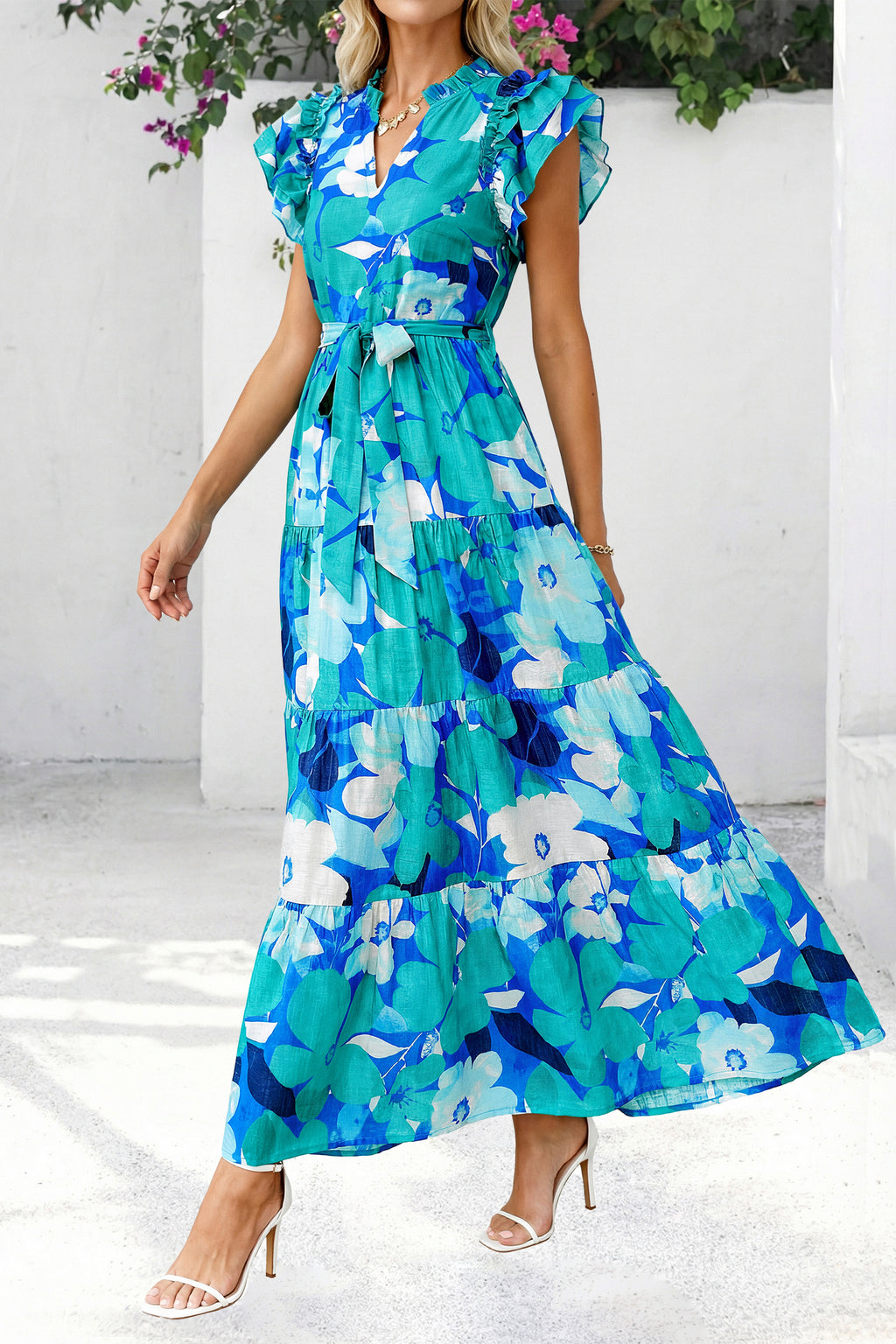 dowerme Women Summer Maxi Dresses 2026 Ruffle Sleeve V Neck Floral Boho Long Dress Belted Tiered Sundress With Pockets