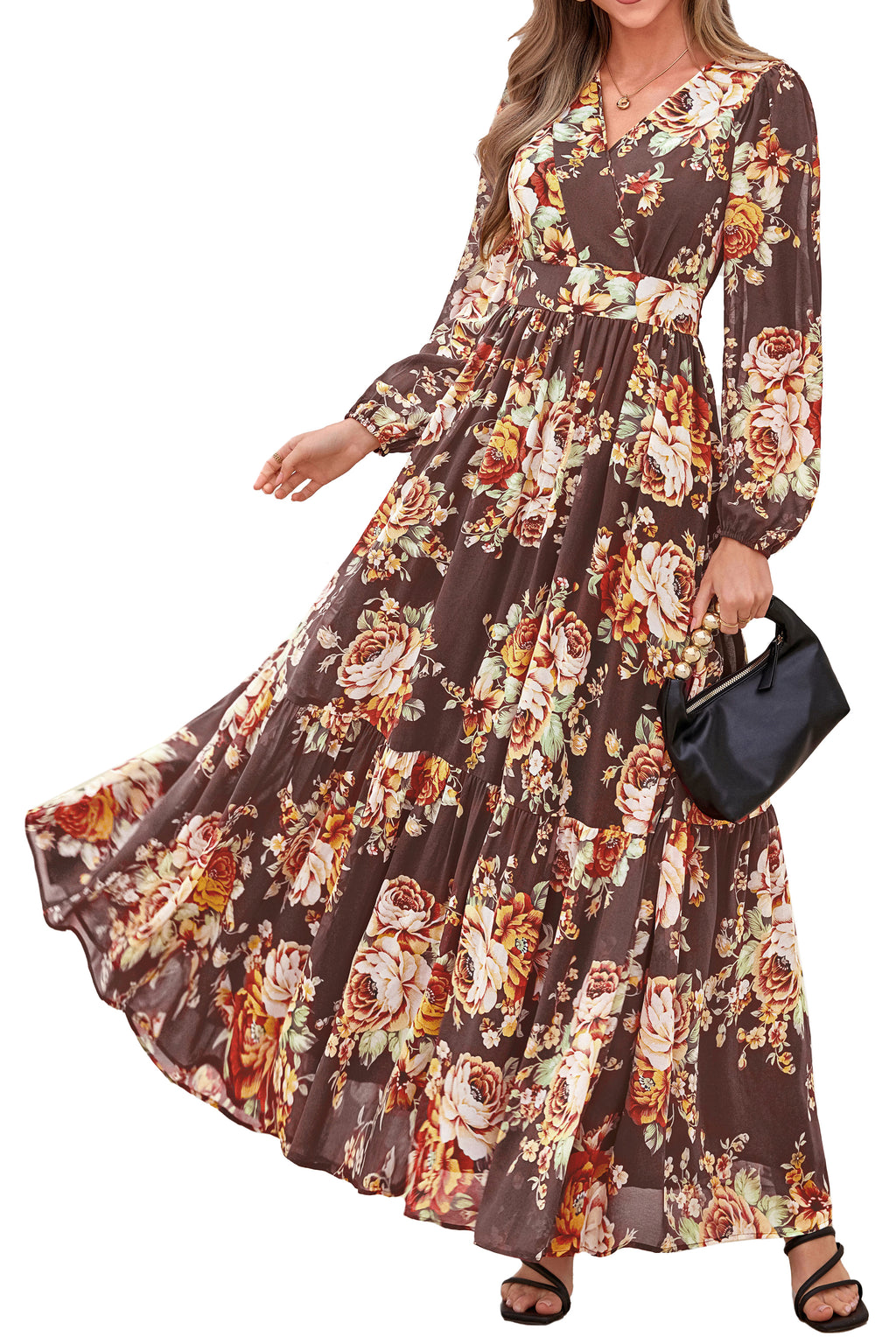dowerme Women Fall Long Sleeve Wrap V Neck Floral Belted Boho Maxi Dress
