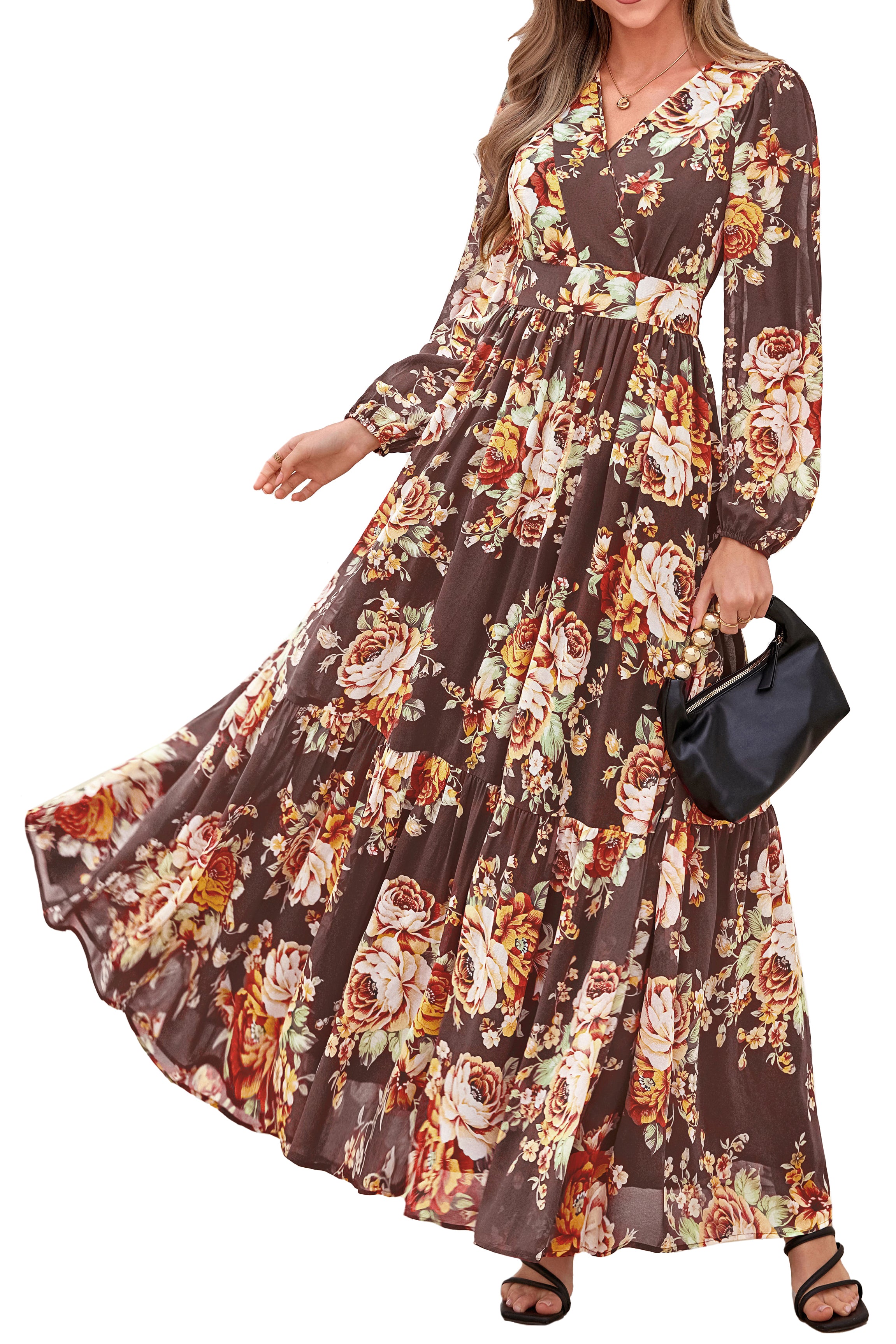 dowerme Women Fall Long Sleeve Wrap V Neck Floral Belted Boho Maxi Dress
