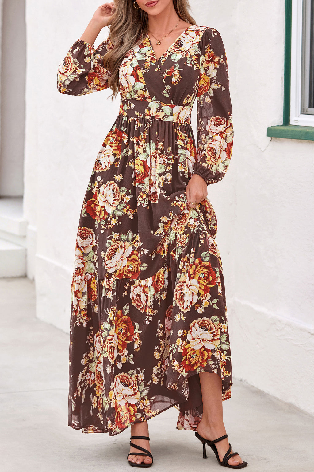 dowerme Women Fall Long Sleeve Wrap V Neck Floral Belted Boho Maxi Dress