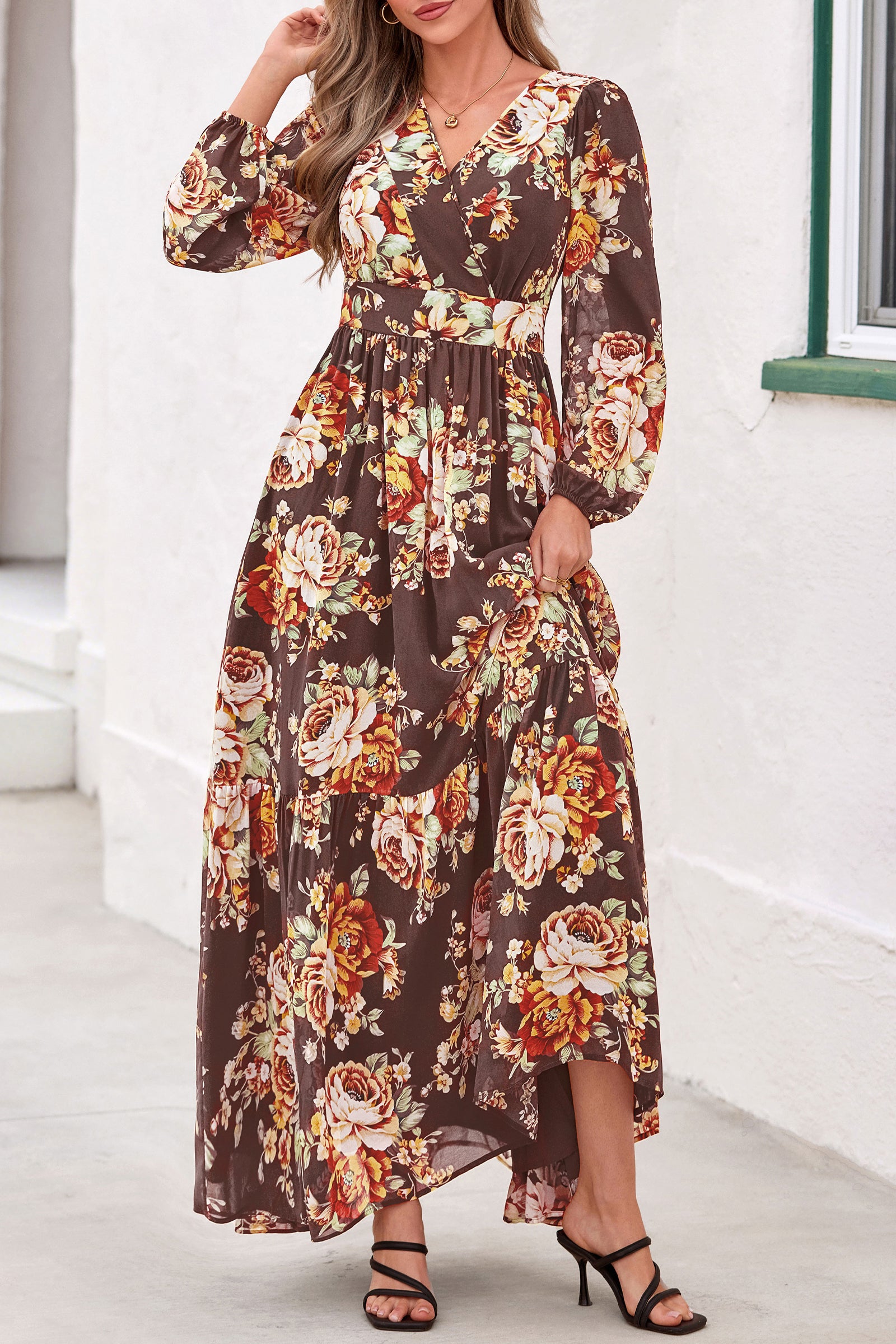 dowerme Women Fall Long Sleeve Wrap V Neck Floral Belted Boho Maxi Dress
