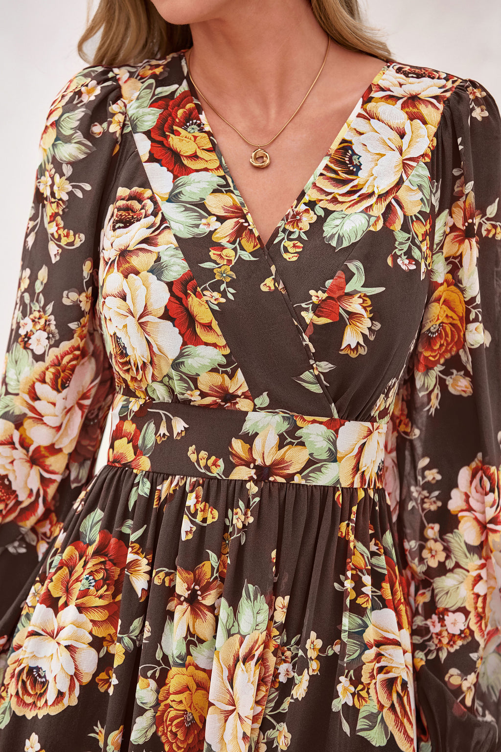 dowerme Women Fall Long Sleeve Wrap V Neck Floral Belted Boho Maxi Dress