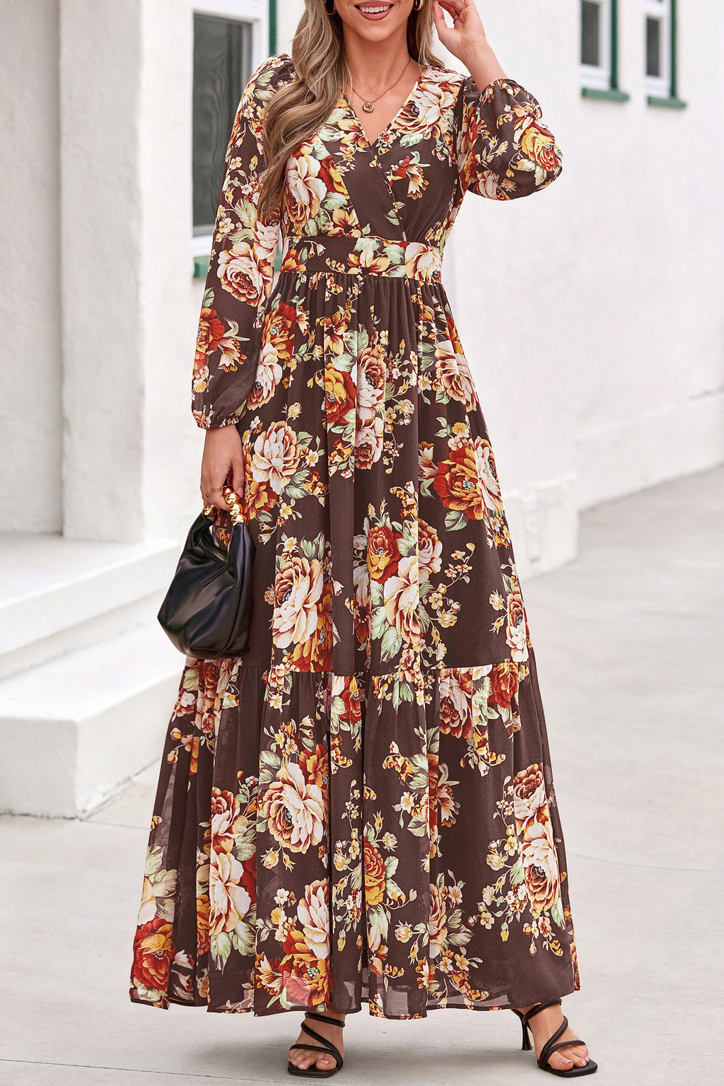 dowerme Women Fall Long Sleeve Wrap V Neck Floral Belted Boho Maxi Dress