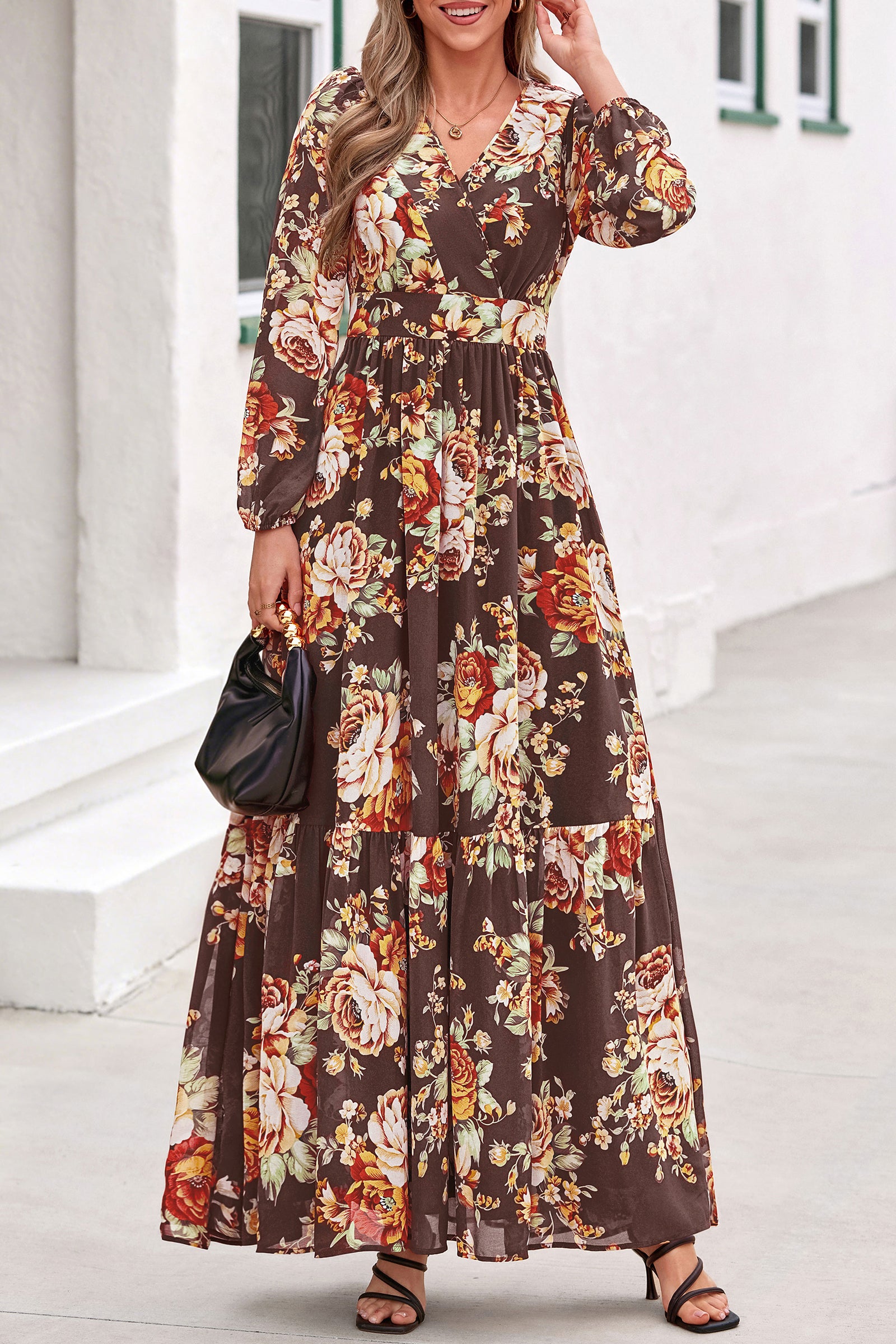 dowerme Women Fall Long Sleeve Wrap V Neck Floral Belted Boho Maxi Dress