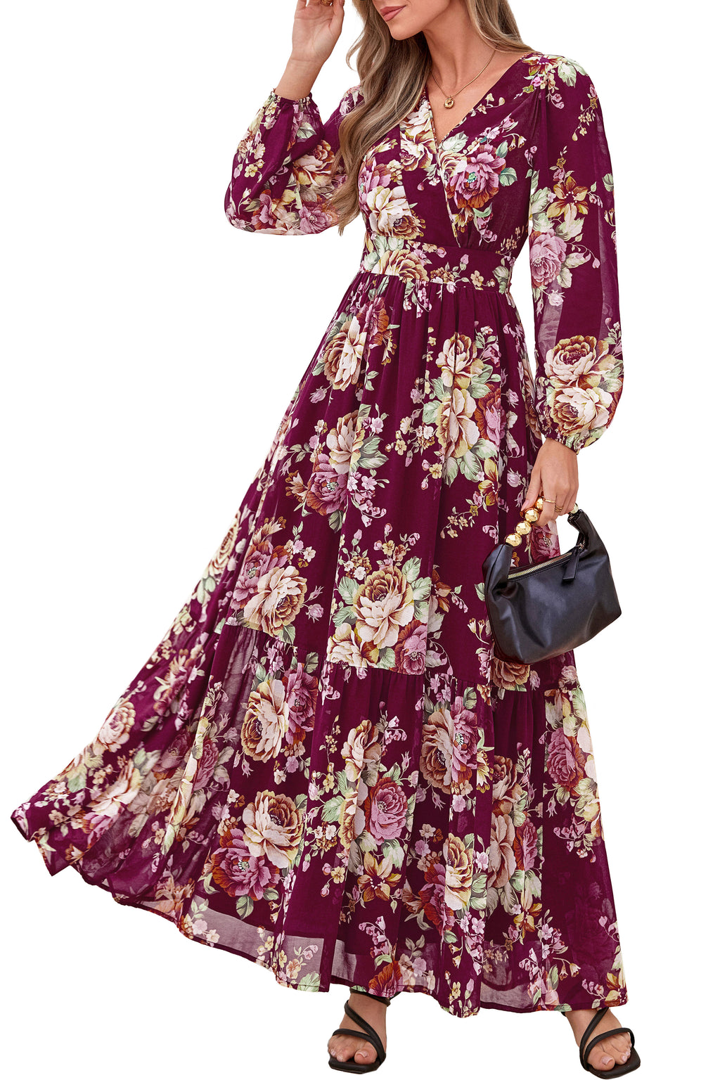 dowerme Women Fall Long Sleeve Wrap V Neck Floral Belted Boho Maxi Dress
