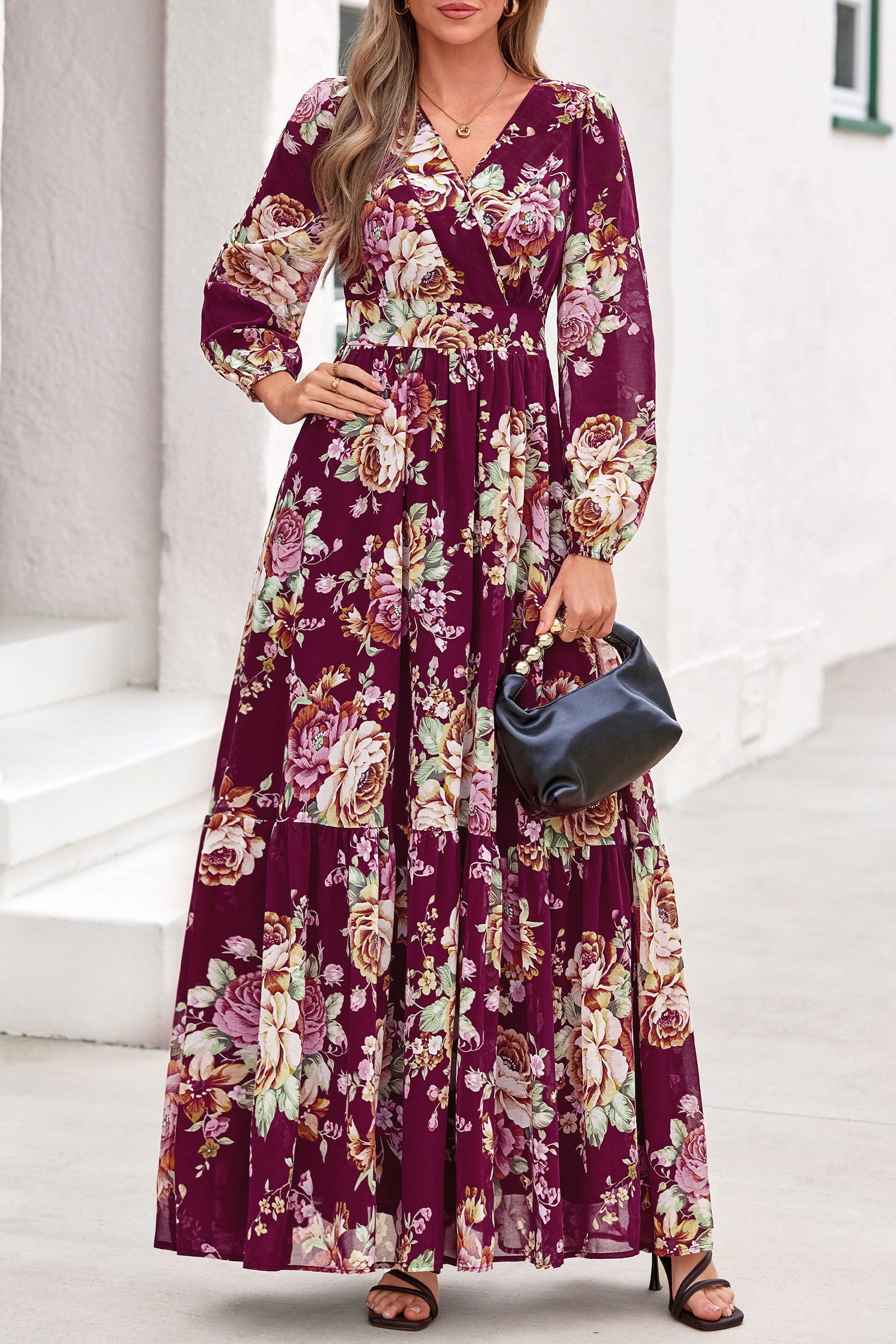 dowerme Women Fall Long Sleeve Wrap V Neck Floral Belted Boho Maxi Dress