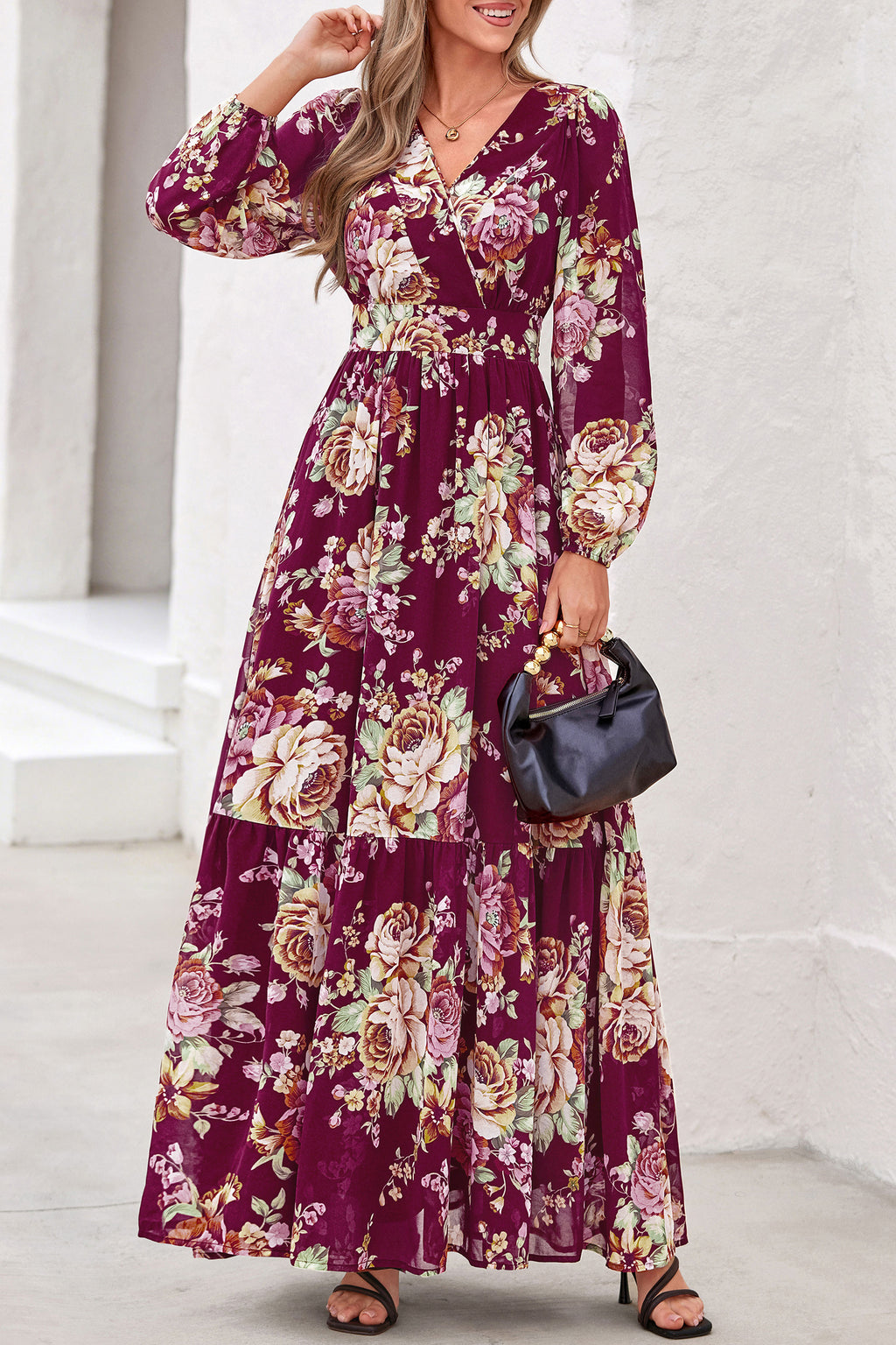 dowerme Women Fall Long Sleeve Wrap V Neck Floral Belted Boho Maxi Dress