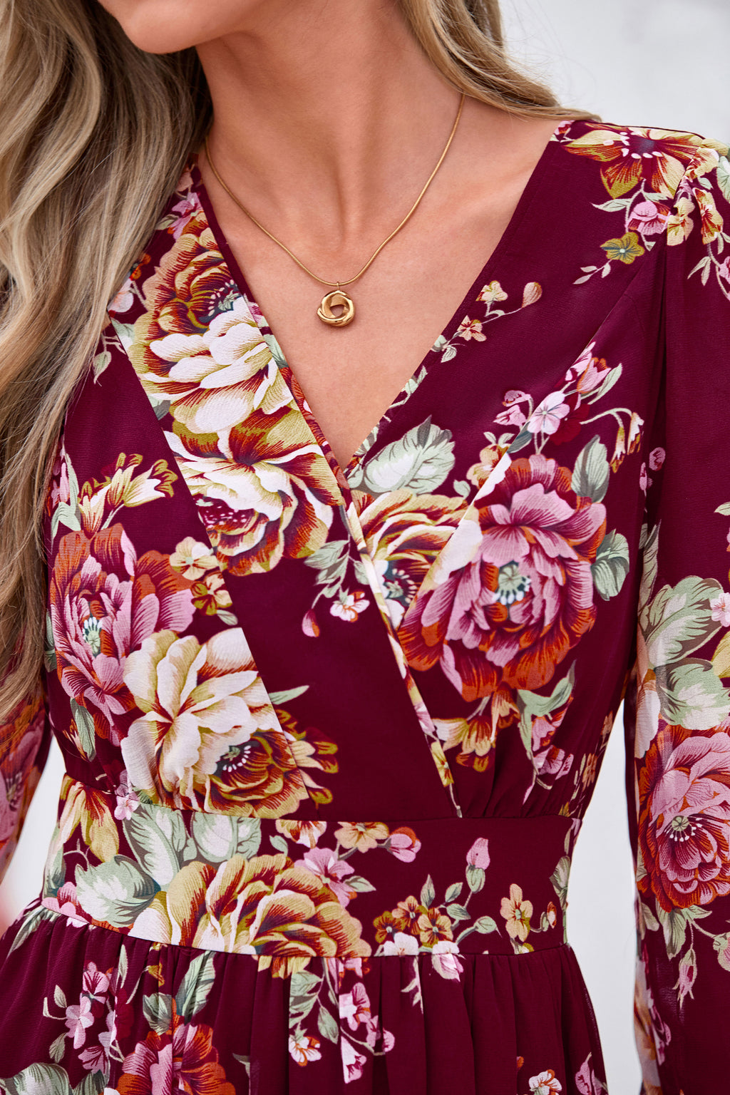 dowerme Women Fall Long Sleeve Wrap V Neck Floral Belted Boho Maxi Dress