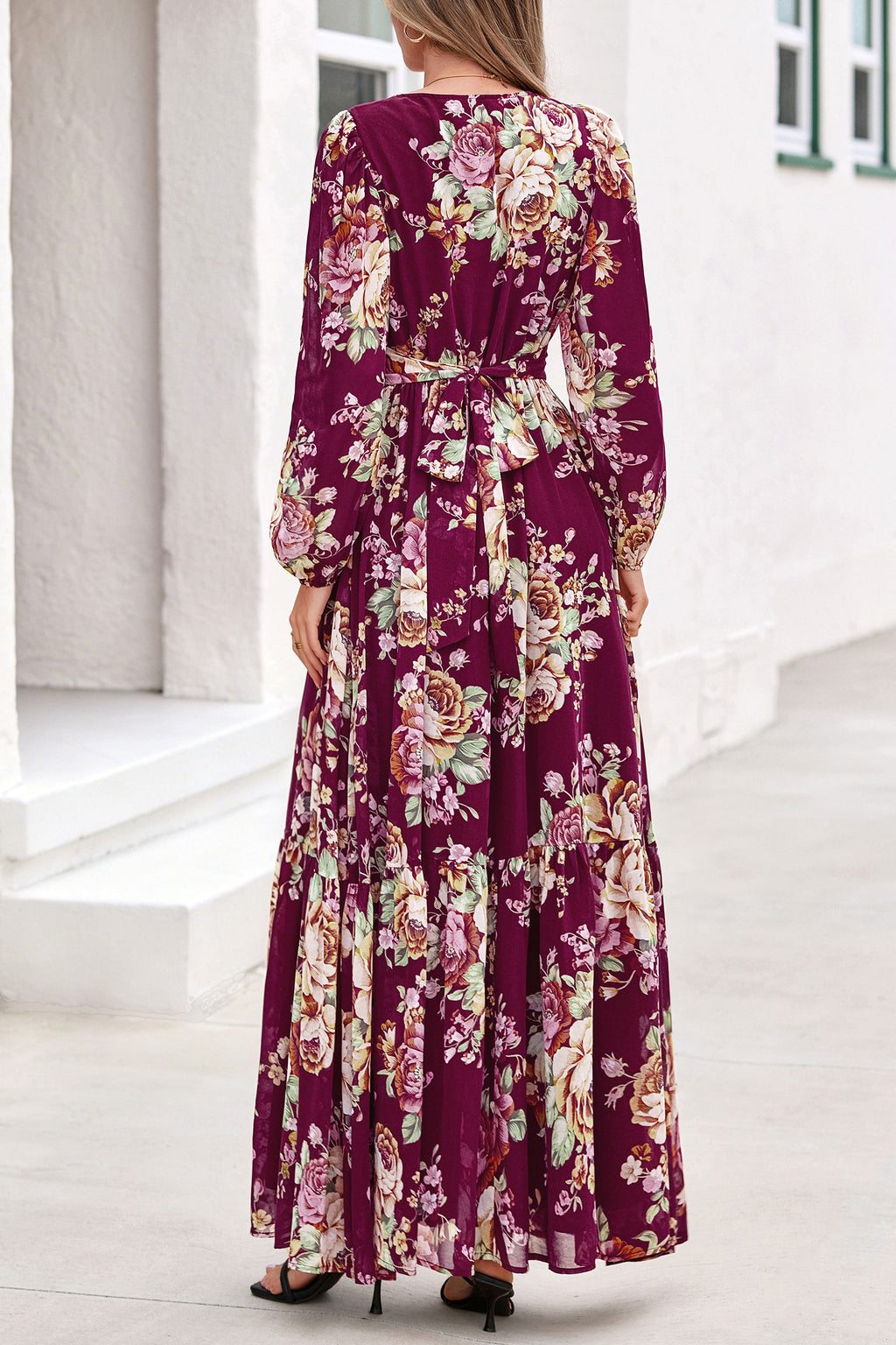 dowerme Women Fall Long Sleeve Wrap V Neck Floral Belted Boho Maxi Dress