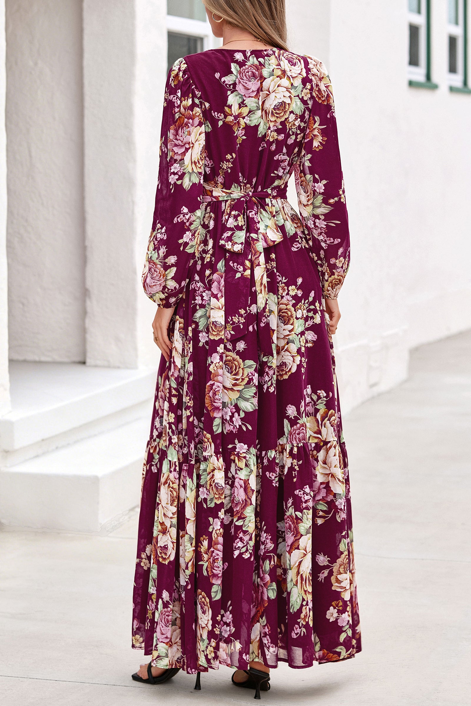 dowerme Women Fall Long Sleeve Wrap V Neck Floral Belted Boho Maxi Dress