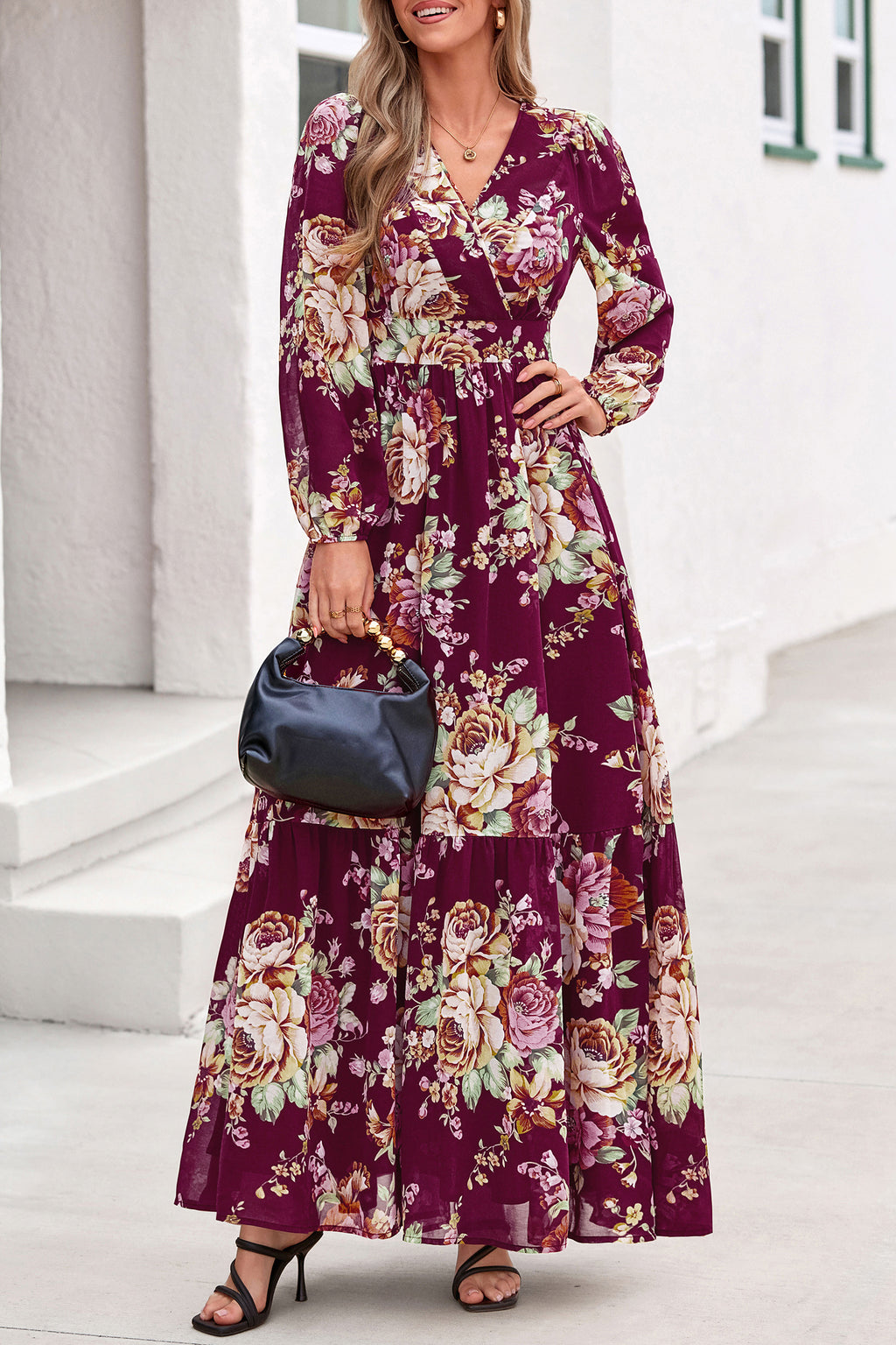 dowerme Women Fall Long Sleeve Wrap V Neck Floral Belted Boho Maxi Dress
