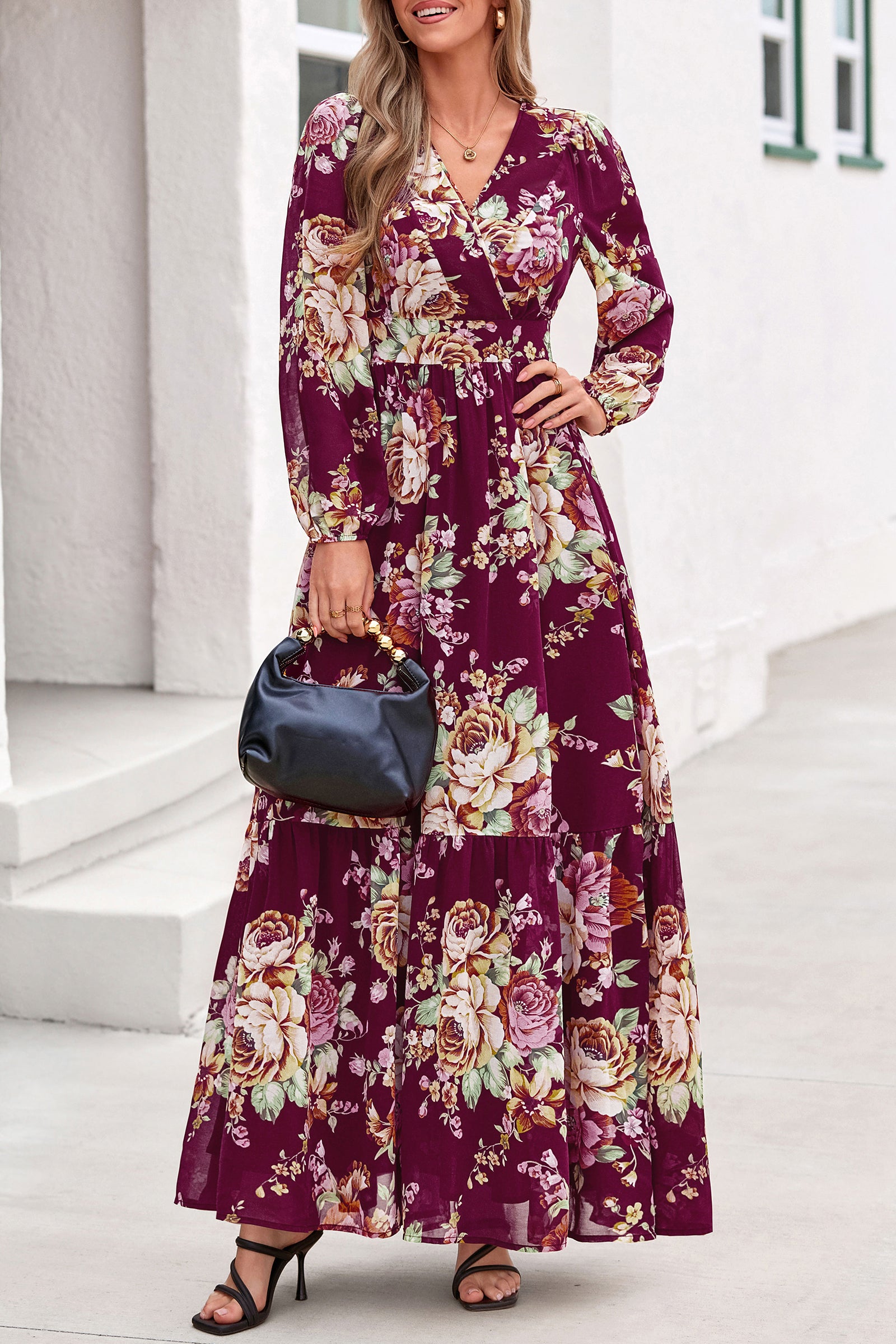 dowerme Women Fall Long Sleeve Wrap V Neck Floral Belted Boho Maxi Dress