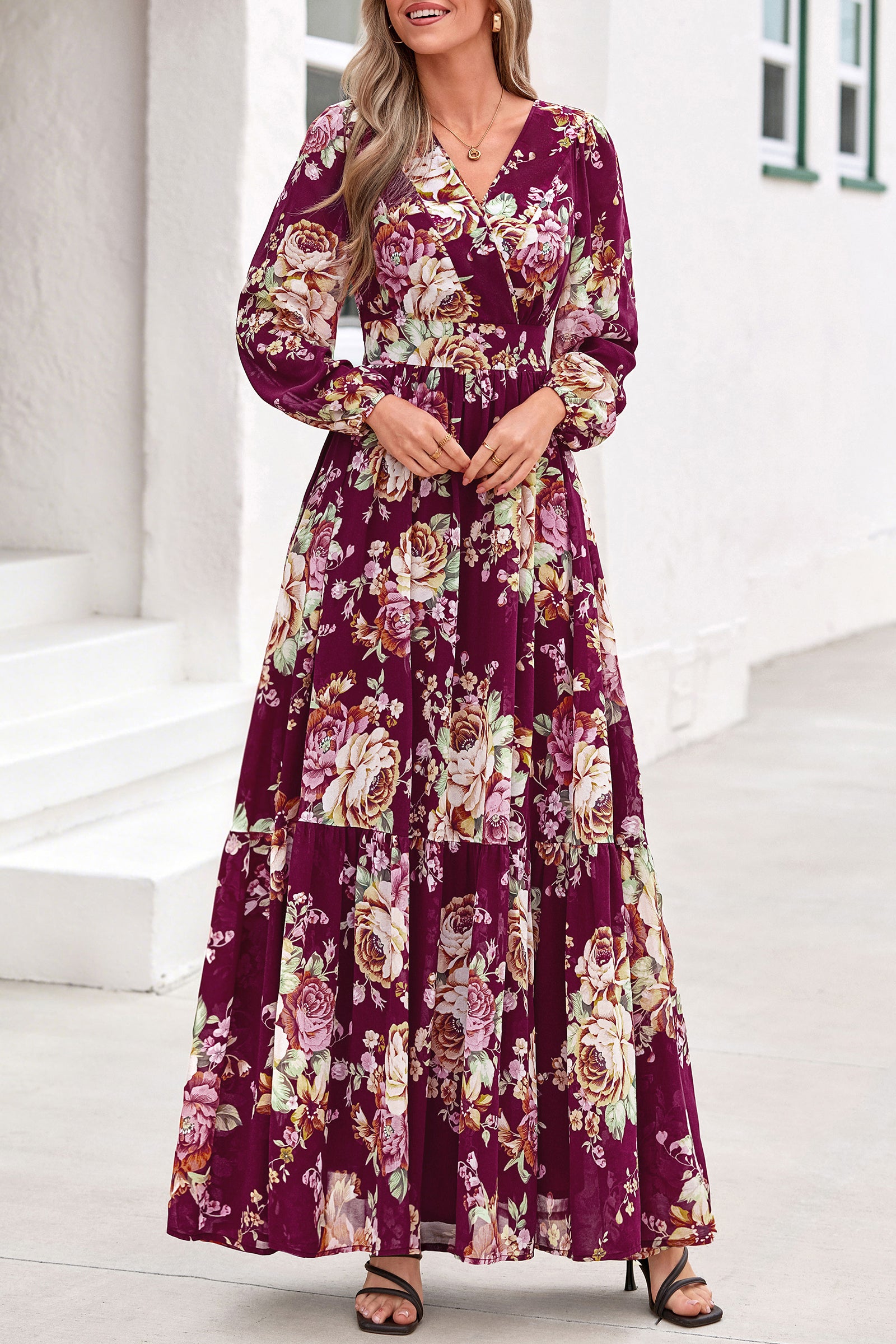 dowerme Women Fall Long Sleeve Wrap V Neck Floral Belted Boho Maxi Dress