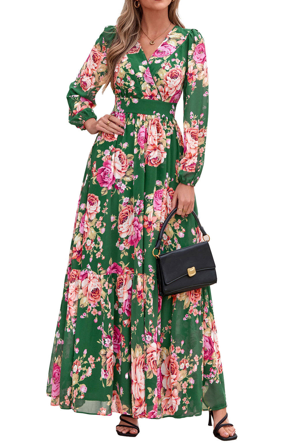 dowerme Women Fall Long Sleeve Wrap V Neck Floral Belted Boho Maxi Dress