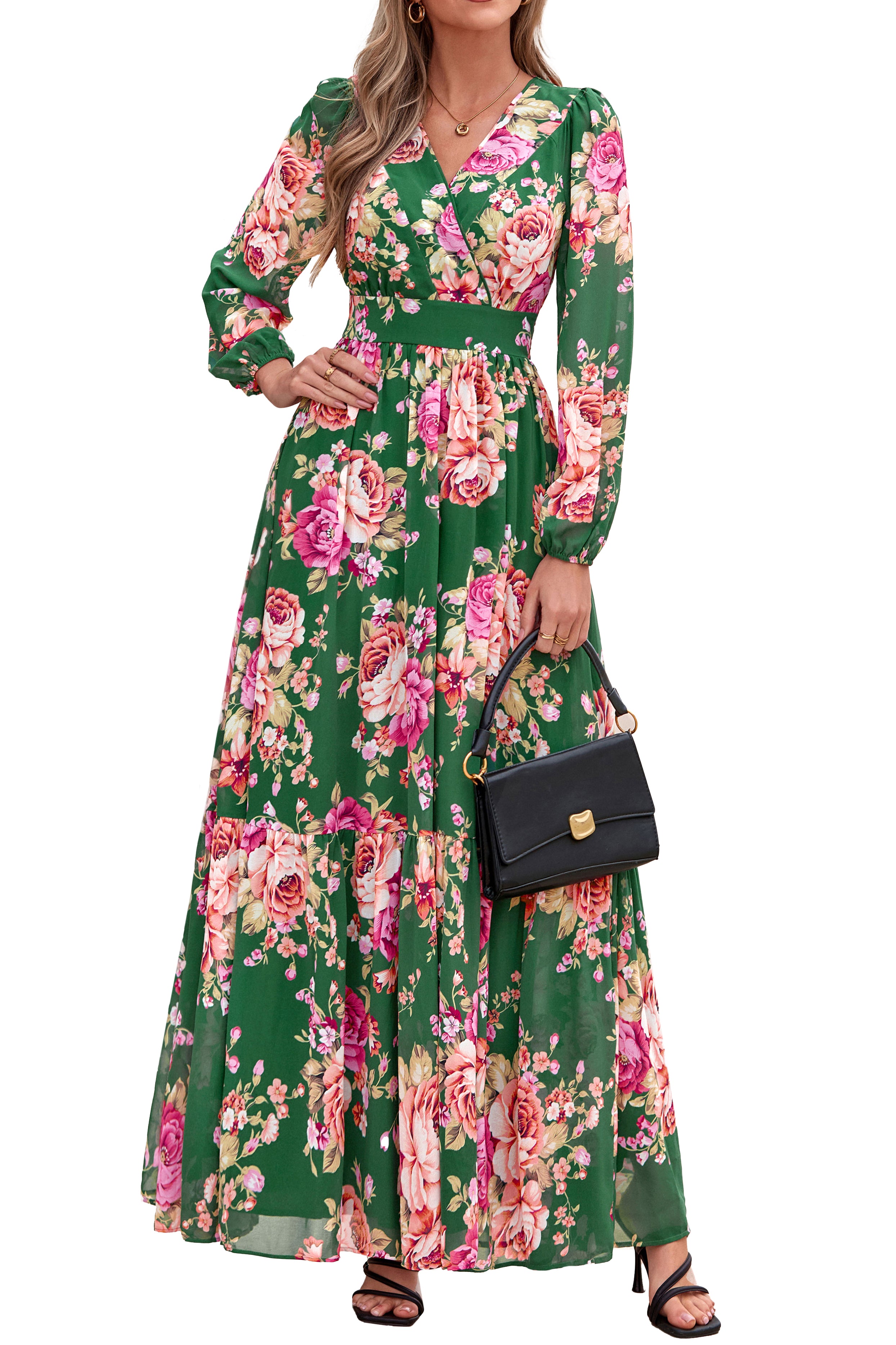 dowerme Women Fall Long Sleeve Wrap V Neck Floral Belted Boho Maxi Dress