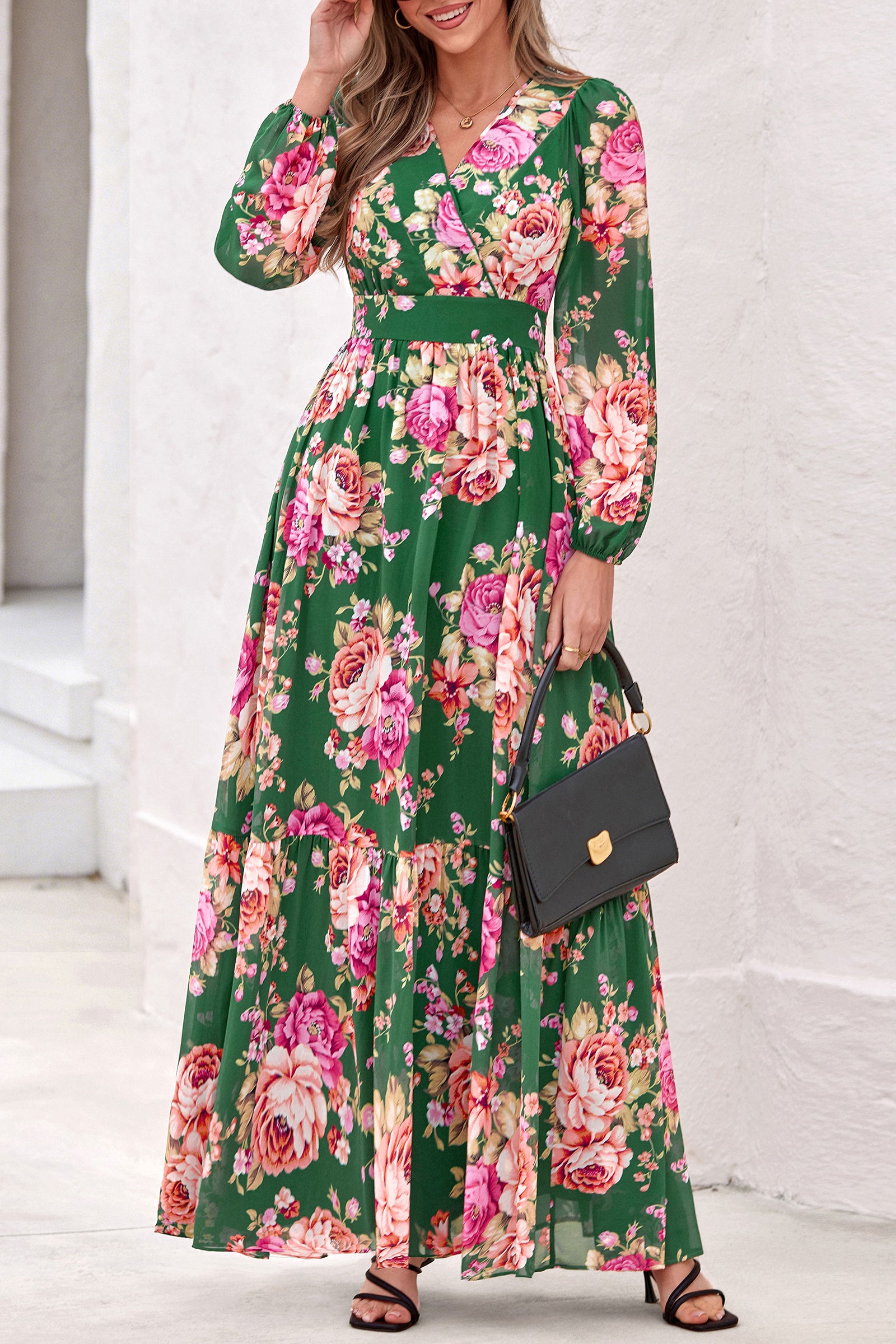 dowerme Women Fall Long Sleeve Wrap V Neck Floral Belted Boho Maxi Dress