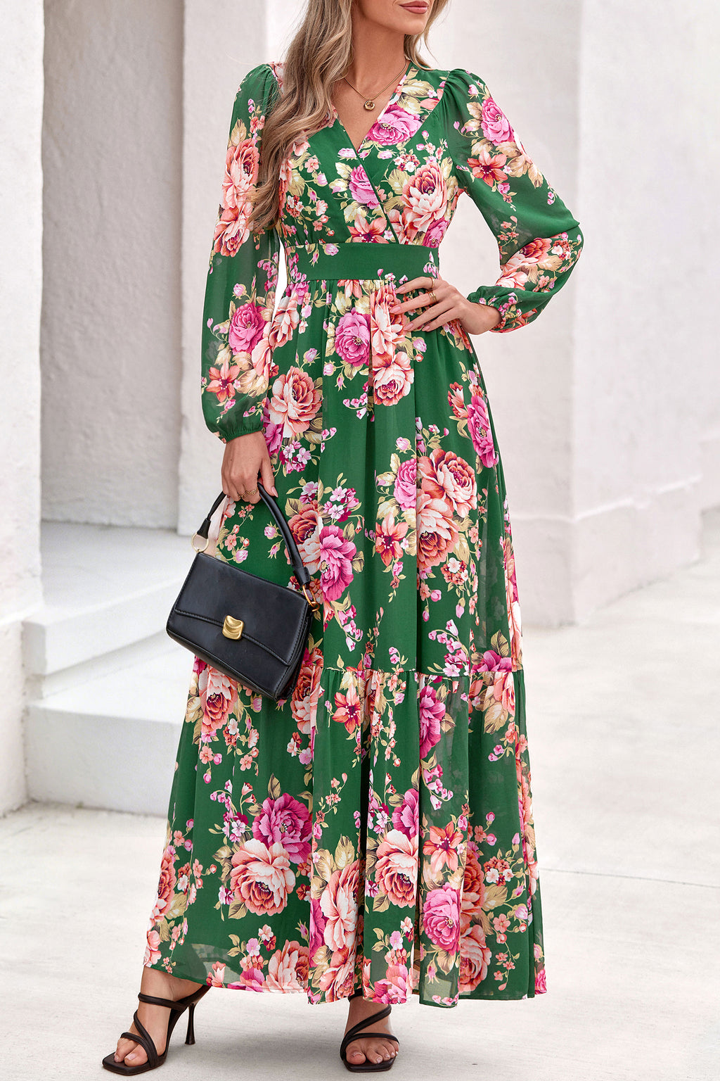 dowerme Women Fall Long Sleeve Wrap V Neck Floral Belted Boho Maxi Dress