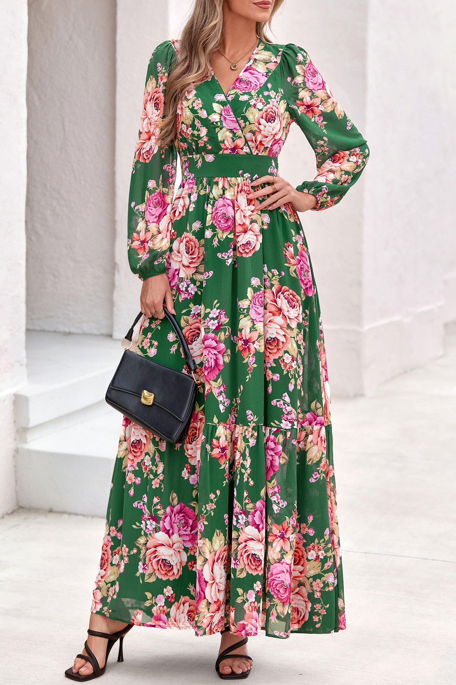 dowerme Women Fall Long Sleeve Wrap V Neck Floral Belted Boho Maxi Dress
