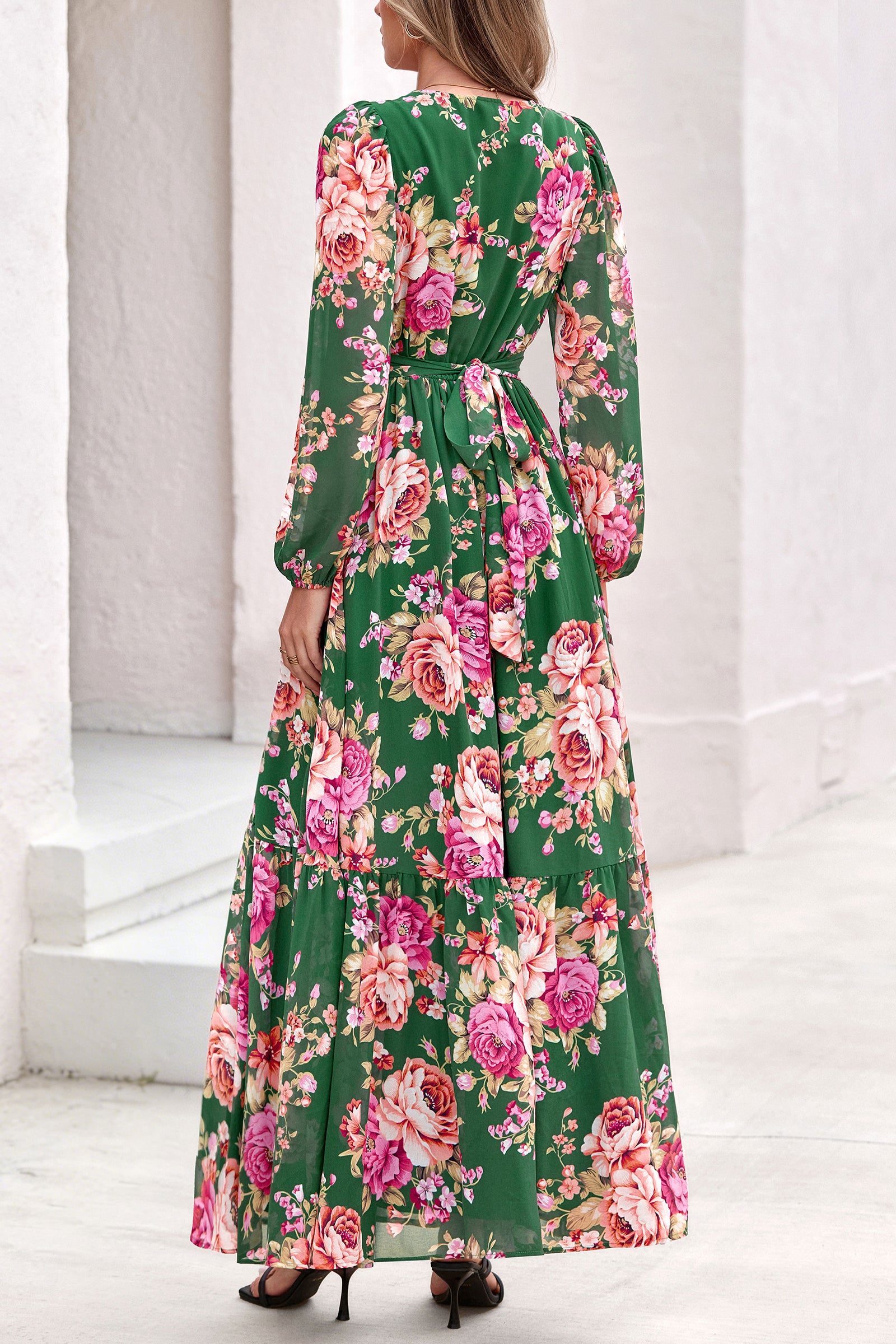 dowerme Women Fall Long Sleeve Wrap V Neck Floral Belted Boho Maxi Dress
