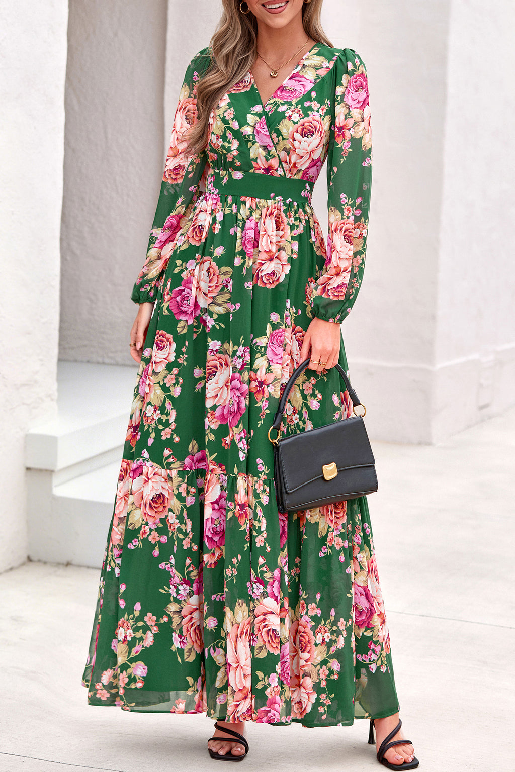dowerme Women Fall Long Sleeve Wrap V Neck Floral Belted Boho Maxi Dress