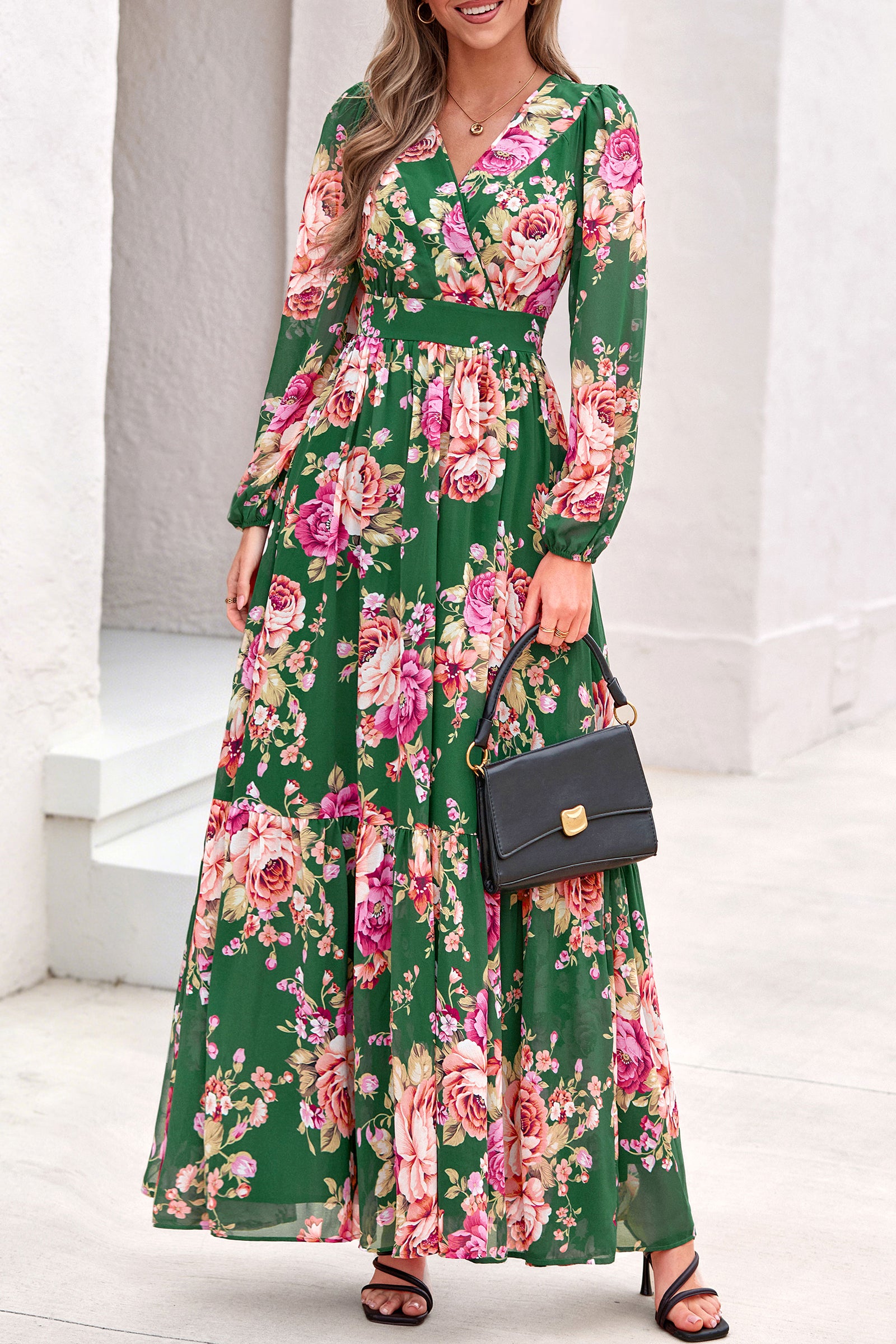 dowerme Women Fall Long Sleeve Wrap V Neck Floral Belted Boho Maxi Dress