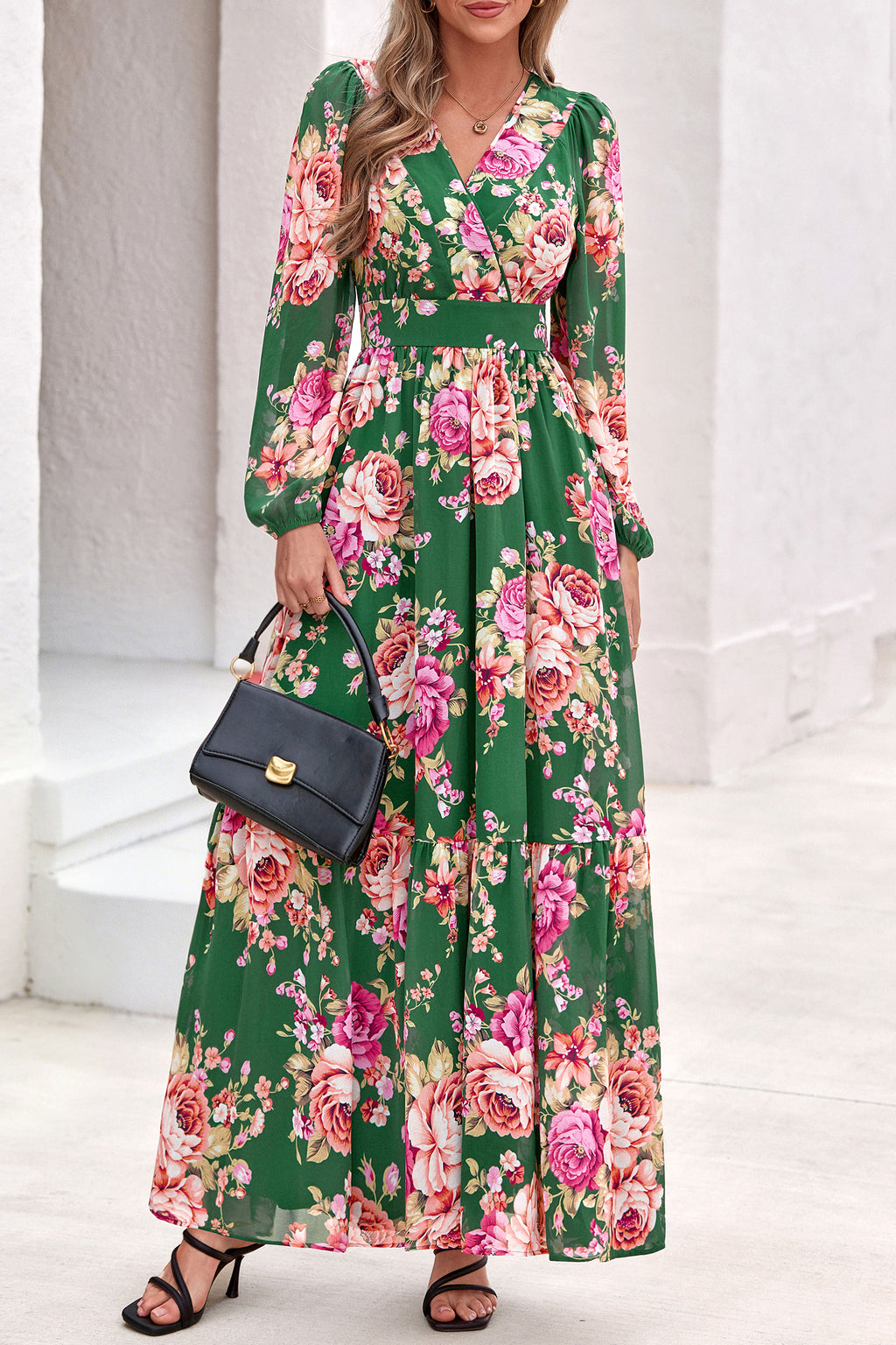 dowerme Women Fall Long Sleeve Wrap V Neck Floral Belted Boho Maxi Dress