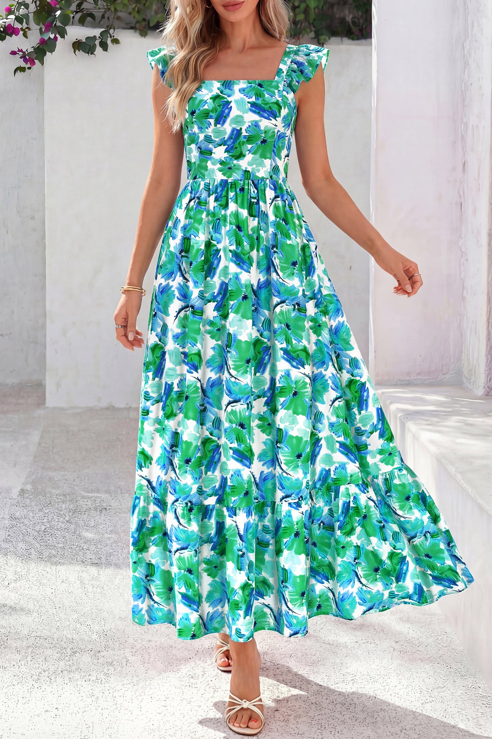 dowerme Womens Summer Dresses 2026 Ruffle Sleeve Square Neck Floral Boho Midi Dress Spring Smocked Beach Party Sundress