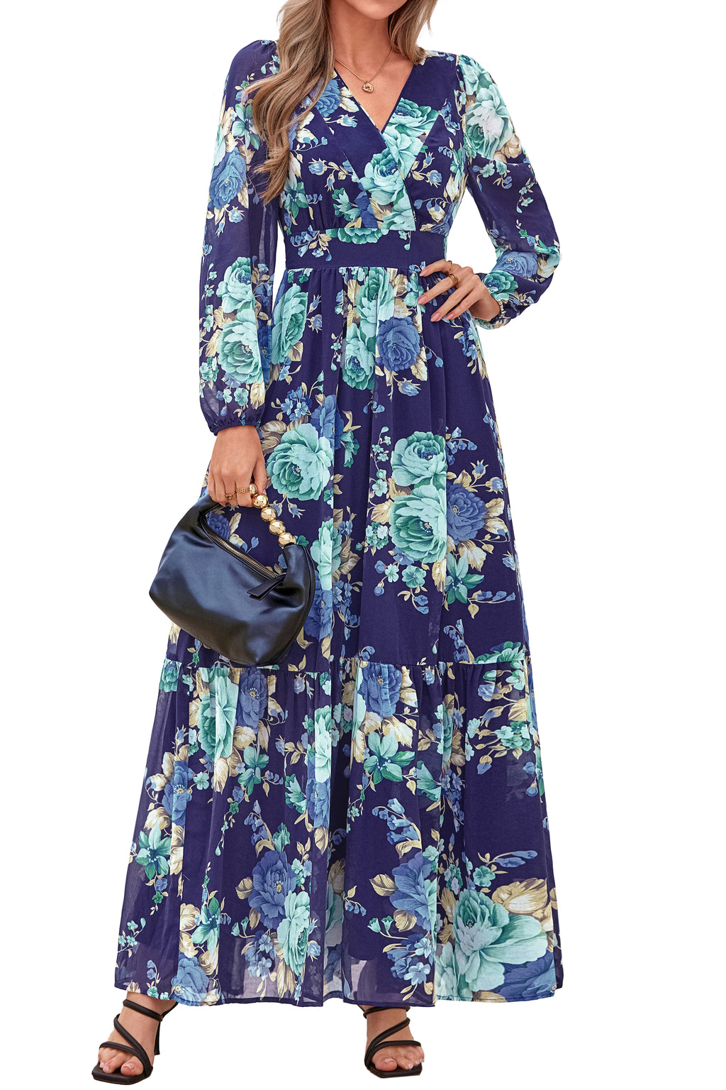 dowerme Women Fall Long Sleeve Wrap V Neck Floral Belted Boho Maxi Dress