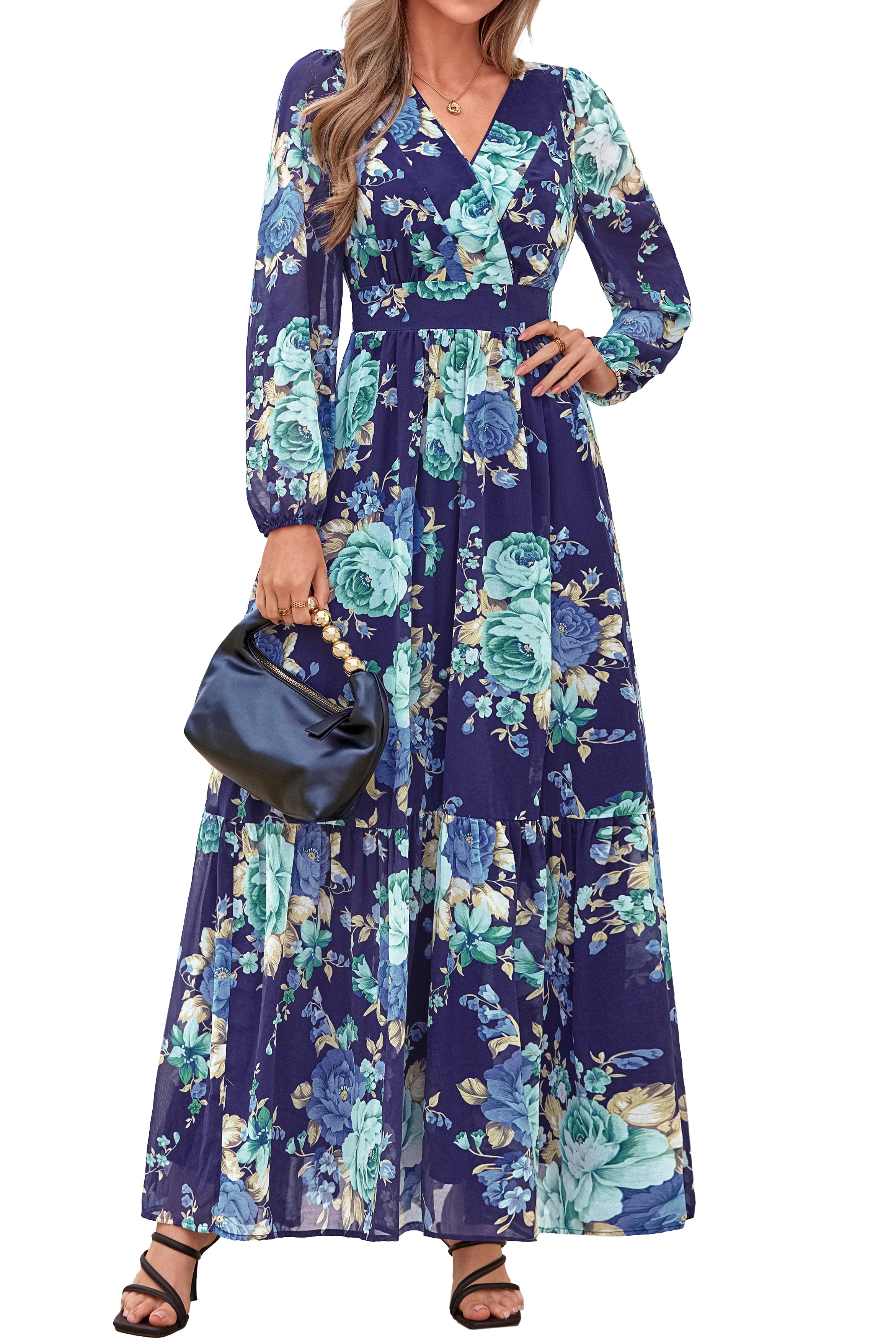 dowerme Women Fall Long Sleeve Wrap V Neck Floral Belted Boho Maxi Dress