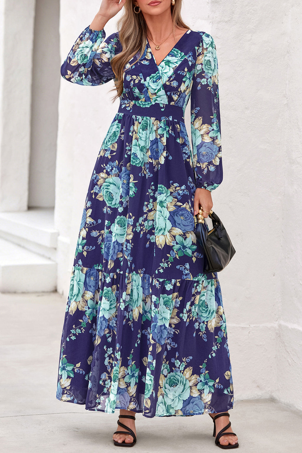 dowerme Women Fall Long Sleeve Wrap V Neck Floral Belted Boho Maxi Dress