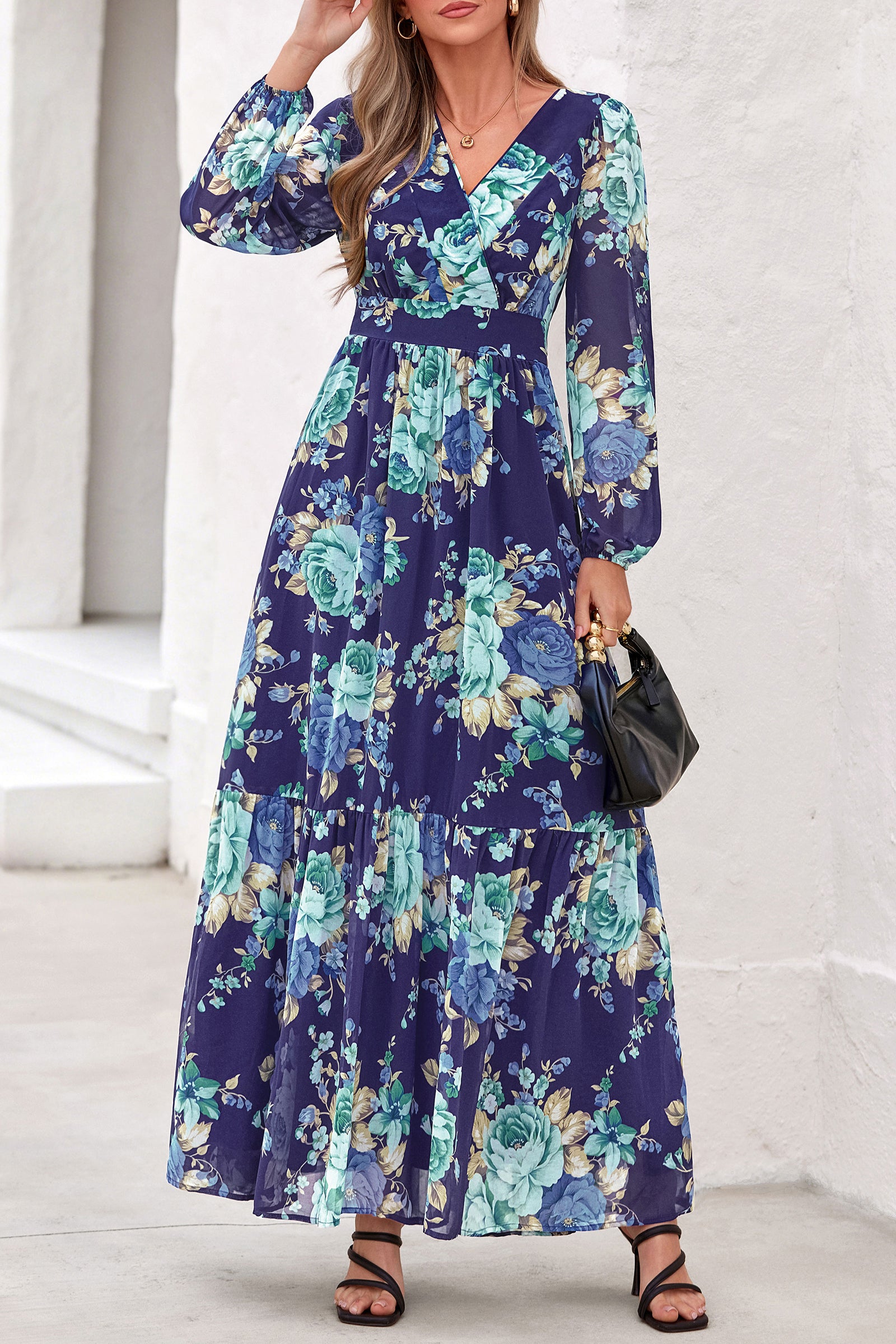 dowerme Women Fall Long Sleeve Wrap V Neck Floral Belted Boho Maxi Dress