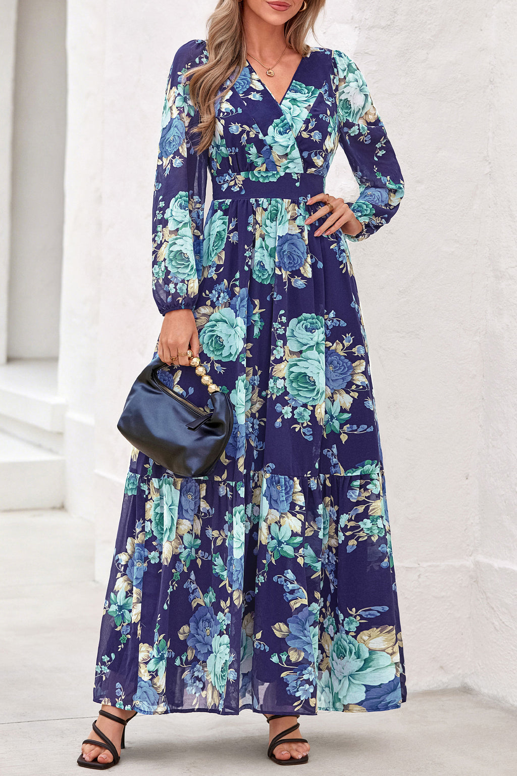 dowerme Women Fall Long Sleeve Wrap V Neck Floral Belted Boho Maxi Dress