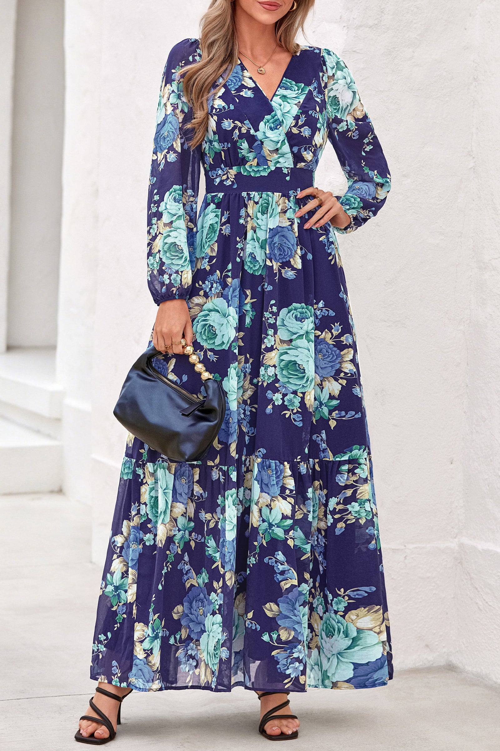 dowerme Women Fall Long Sleeve Wrap V Neck Floral Belted Boho Maxi Dress