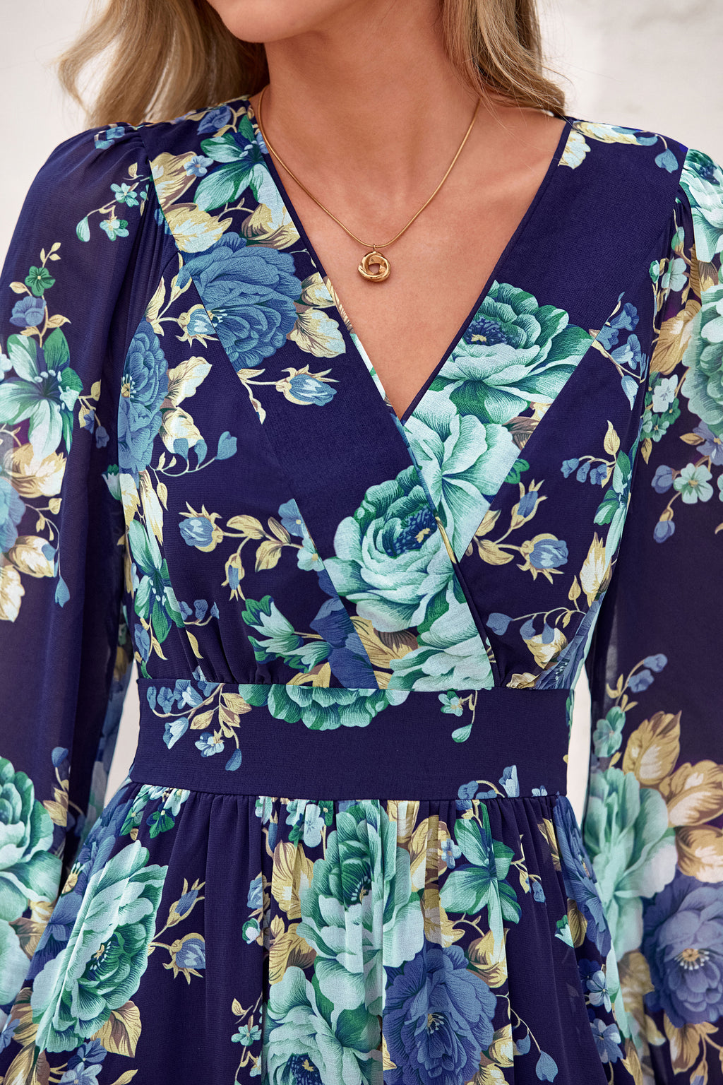 dowerme Women Fall Long Sleeve Wrap V Neck Floral Belted Boho Maxi Dress