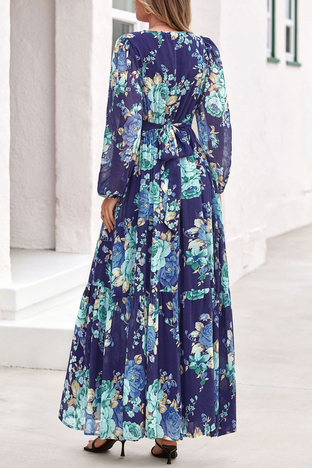 dowerme Women Fall Long Sleeve Wrap V Neck Floral Belted Boho Maxi Dress