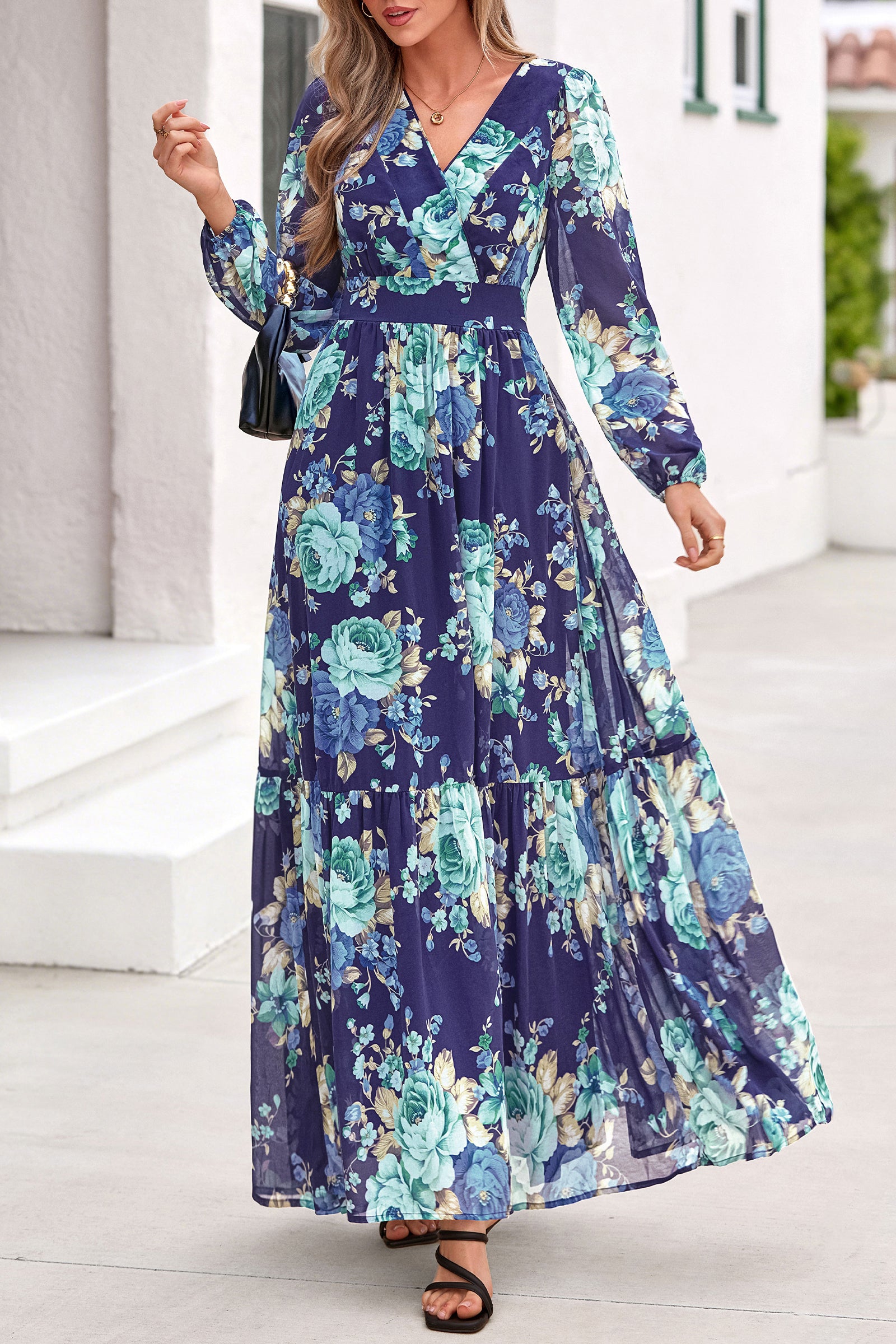 dowerme Women Fall Long Sleeve Wrap V Neck Floral Belted Boho Maxi Dress