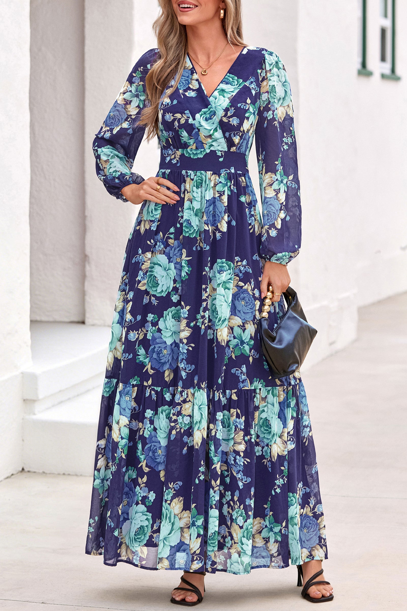dowerme Women Fall Long Sleeve Wrap V Neck Floral Belted Boho Maxi Dress