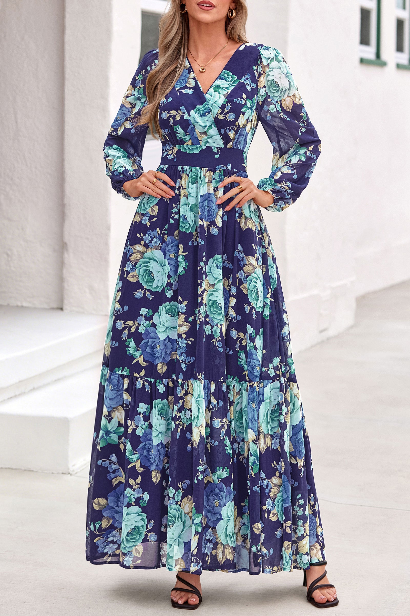 dowerme Women Fall Long Sleeve Wrap V Neck Floral Belted Boho Maxi Dress