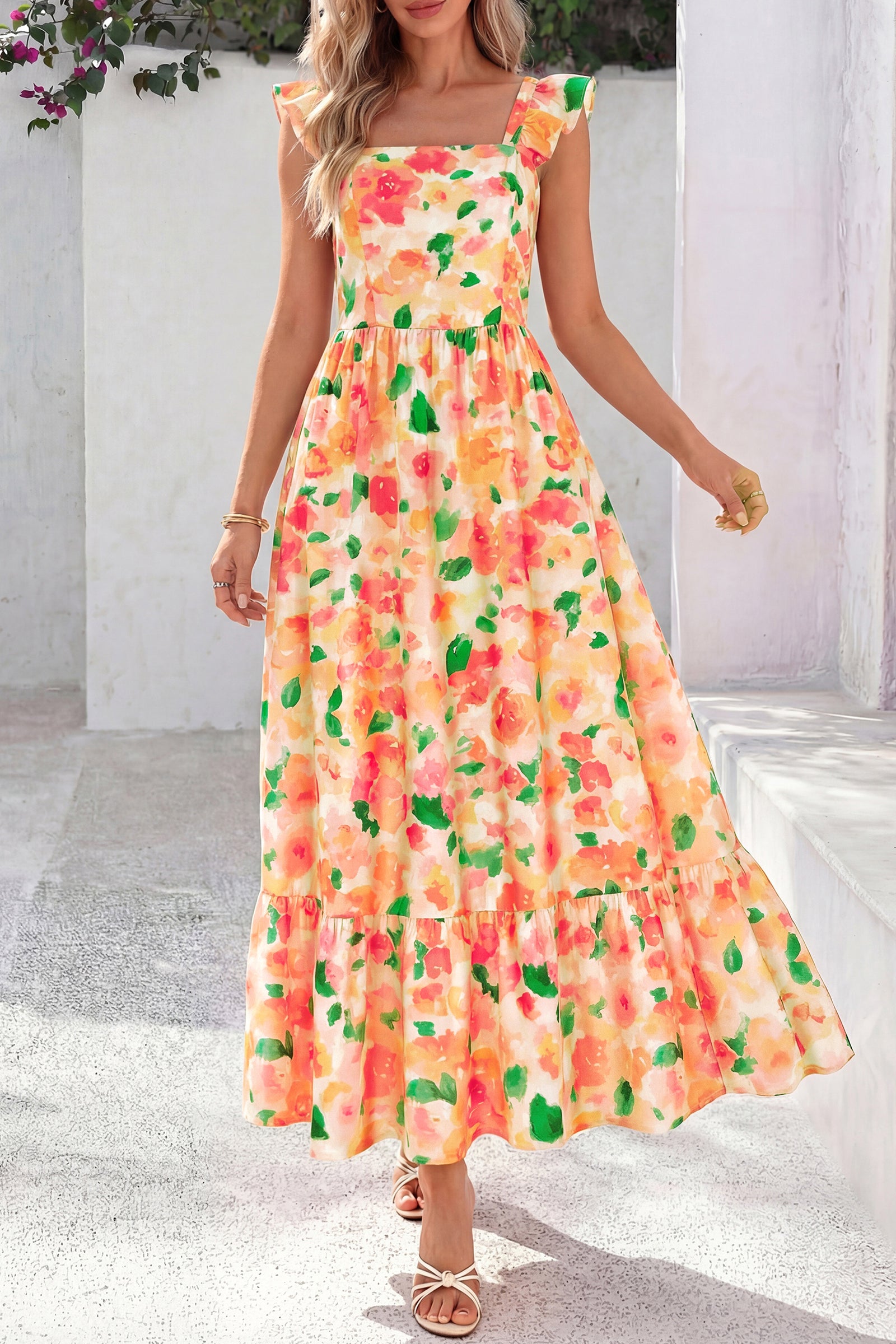 dowerme Womens Summer Dresses 2026 Ruffle Sleeve Square Neck Floral Boho Midi Dress Spring Smocked Beach Party Sundress