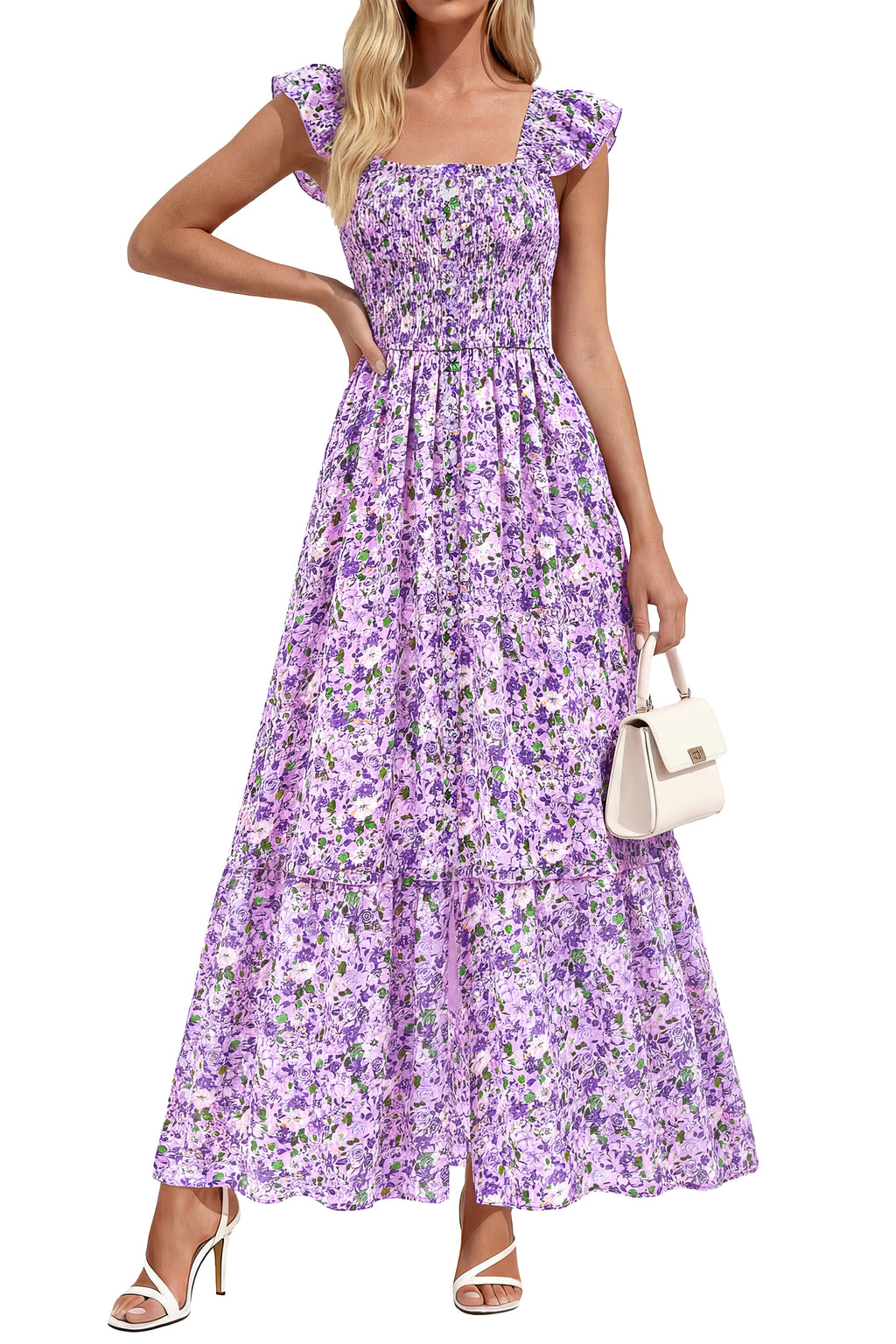 dowerme Womens Summer Maxi Dresses 2026 Casual Ruffle Sleeve Button Smocked Floral Slit Boho Dress Spring Beach Sundress