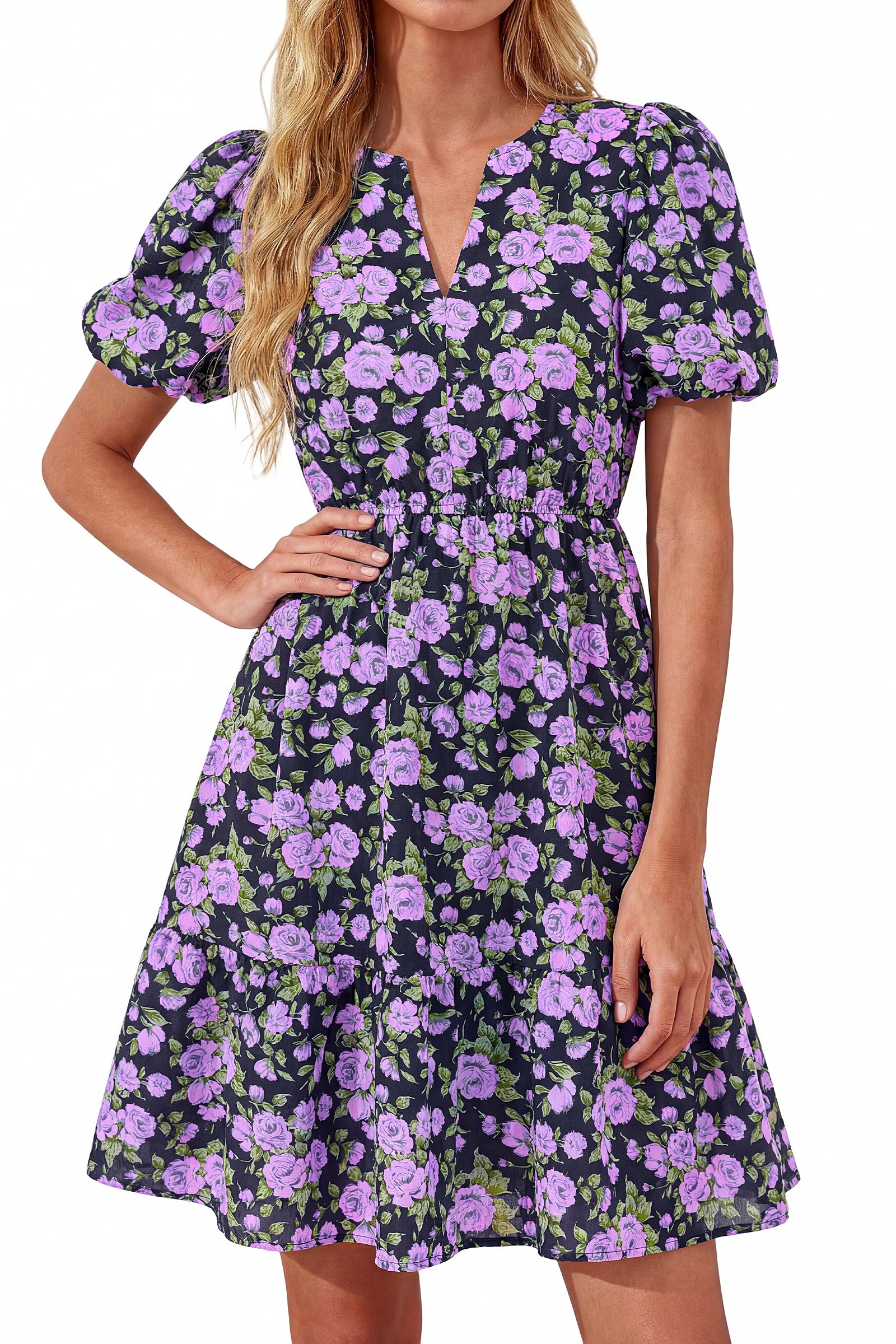 dowerme Women Summer Casual Dresses 2026 Puff Short Sleeve V Neck Floral Boho Midi Dress Flowy Ruffle Spring Sundress
