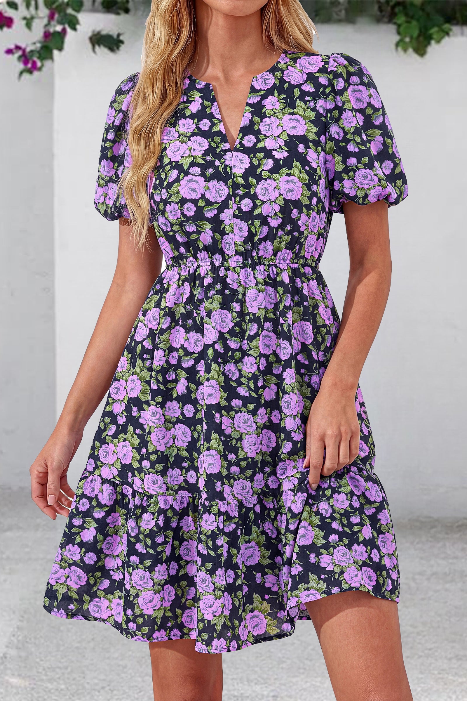 dowerme Women Summer Casual Dresses 2026 Puff Short Sleeve V Neck Floral Boho Midi Dress Flowy Ruffle Spring Sundress