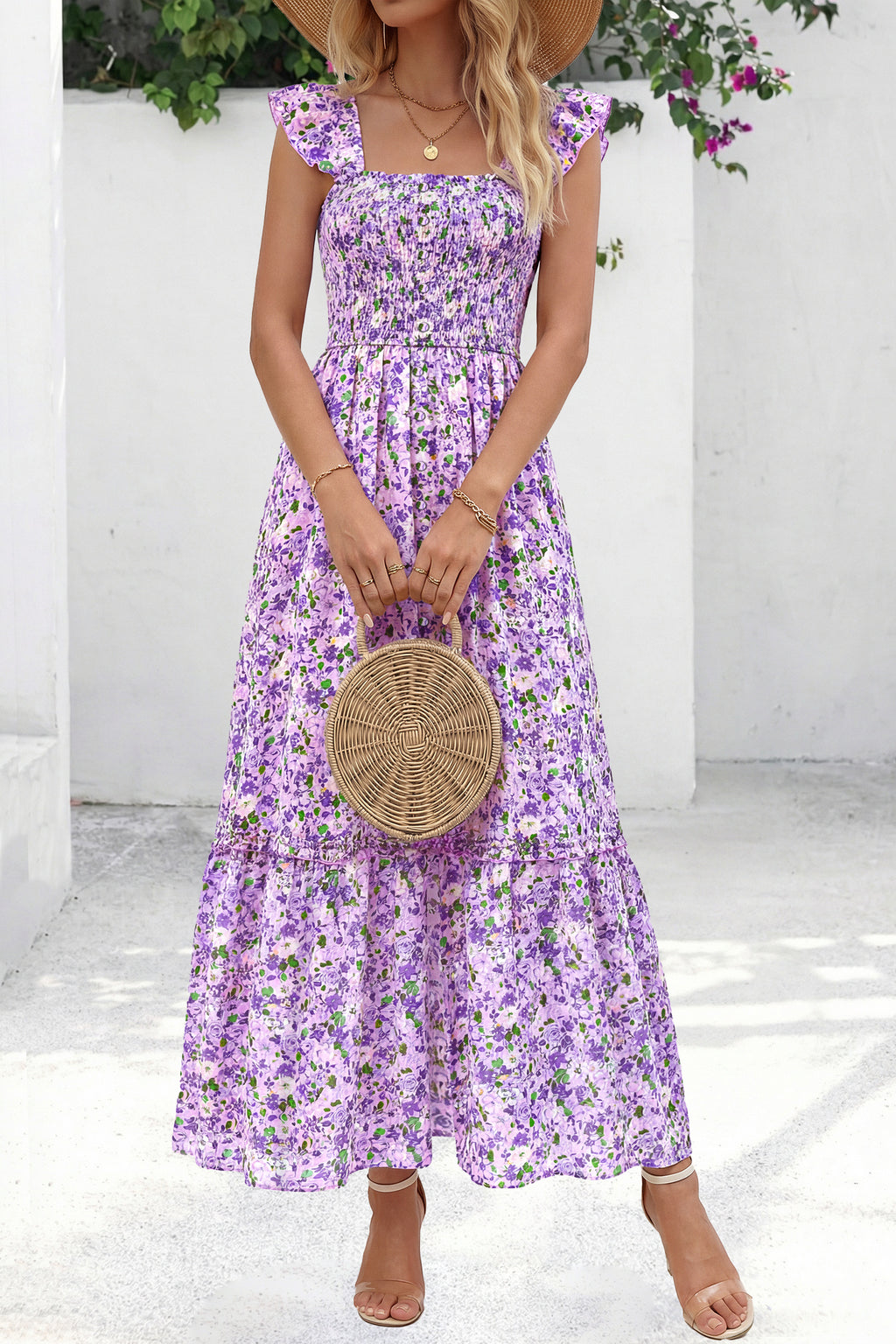 dowerme Womens Summer Maxi Dresses 2026 Casual Ruffle Sleeve Button Smocked Floral Slit Boho Dress Spring Beach Sundress