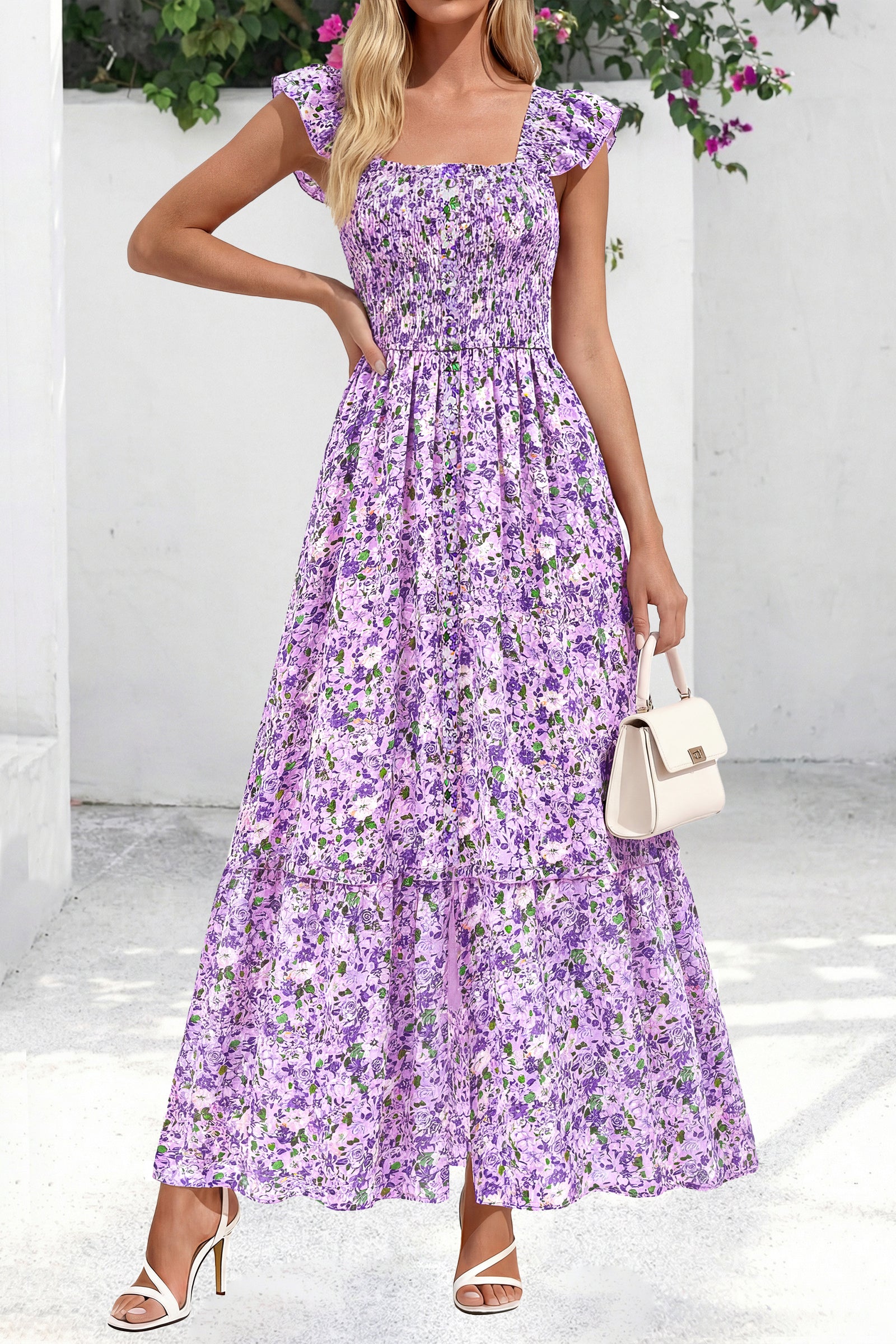 dowerme Womens Summer Maxi Dresses 2026 Casual Ruffle Sleeve Button Smocked Floral Slit Boho Dress Spring Beach Sundress