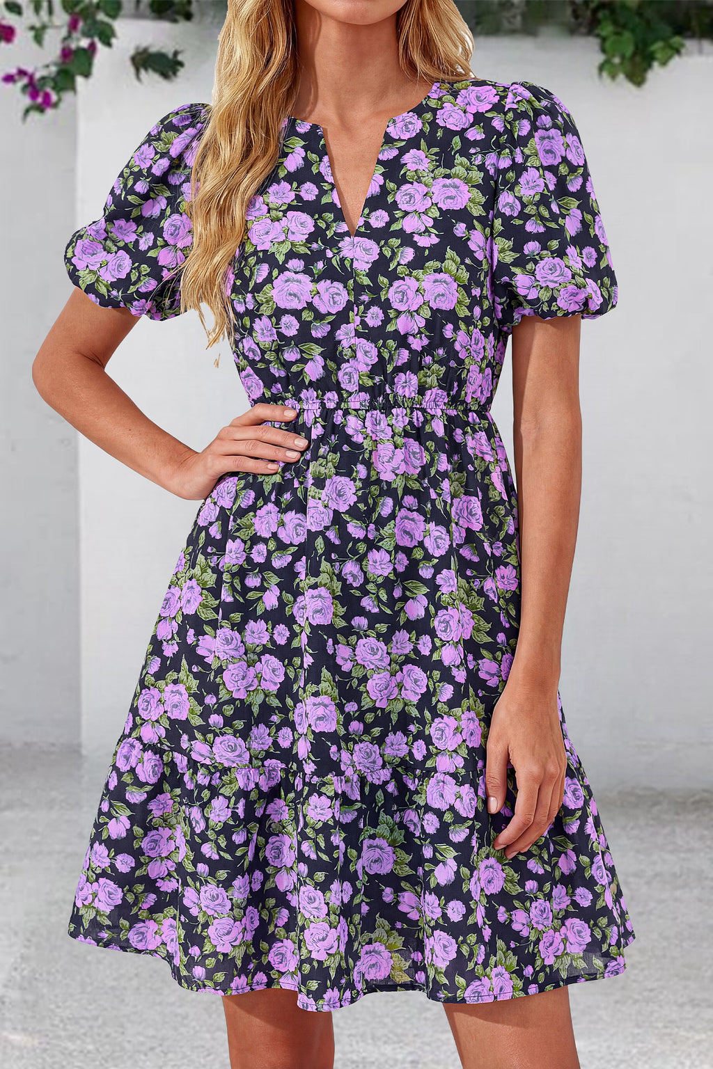 dowerme Women Summer Casual Dresses 2026 Puff Short Sleeve V Neck Floral Boho Midi Dress Flowy Ruffle Spring Sundress
