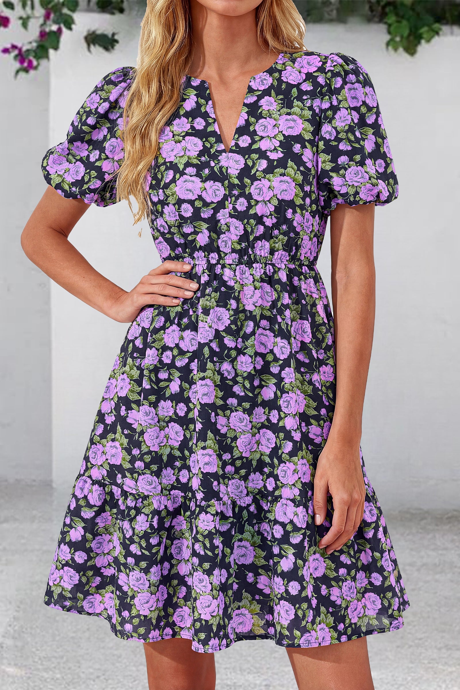 dowerme Women Summer Casual Dresses 2026 Puff Short Sleeve V Neck Floral Boho Midi Dress Flowy Ruffle Spring Sundress